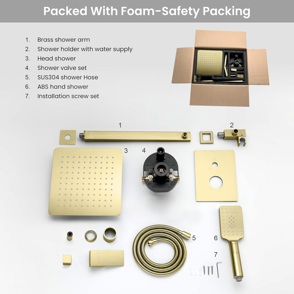 KIBI Cube Bathroom Shower System | 2-Function Wall Mounted Shower Faucet Set with Solid Brass Pressure Balanced Valve | Three Hand Shower Modes | 15-inch Long Shower Arm | Brushed Gold (KSF405)