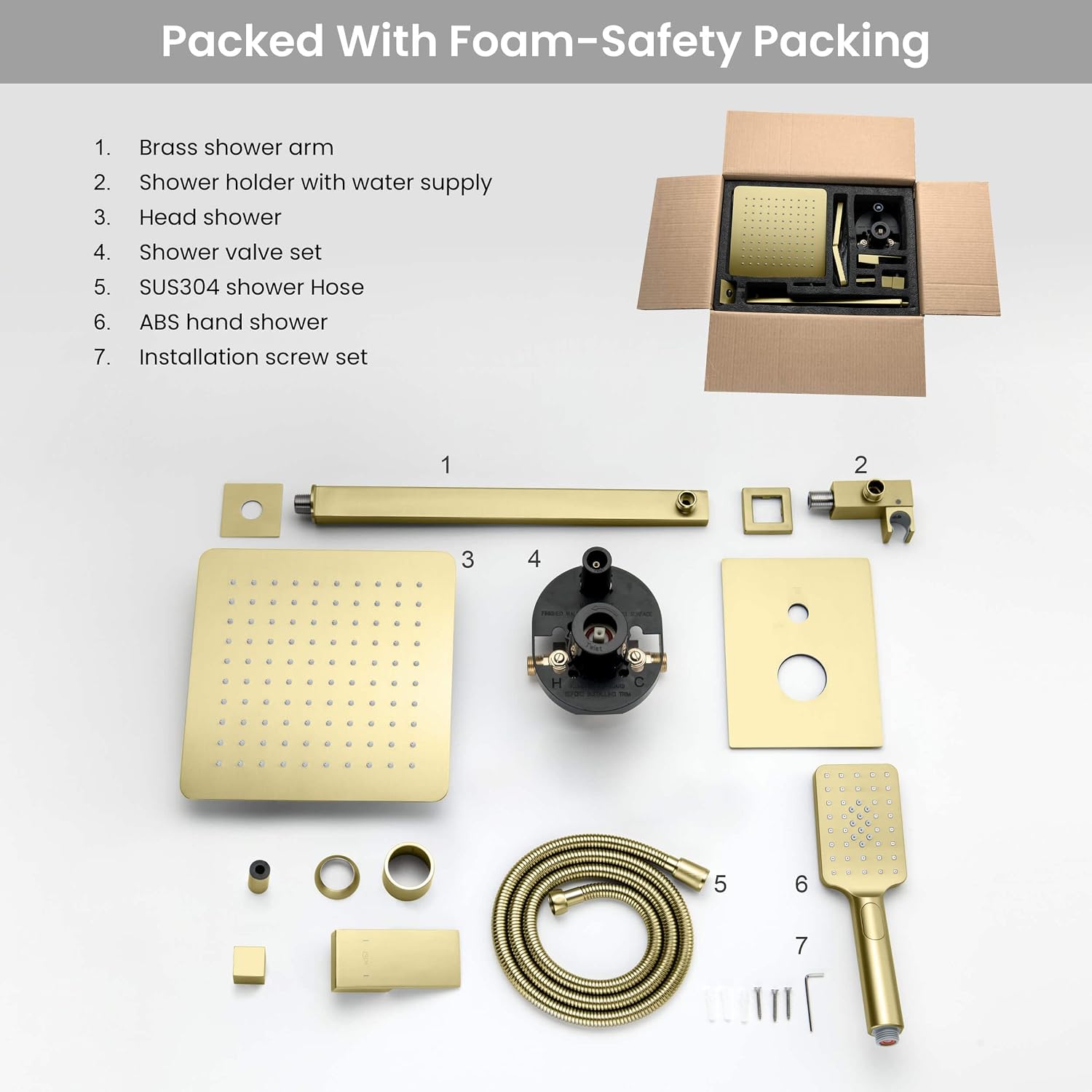 KIBI Cube Bathroom Shower System | 2-Function Wall Mounted Shower Faucet Set with Solid Brass Pressure Balanced Valve | Three Hand Shower Modes | 15-inch Long Shower Arm | Brushed Gold (KSF405)