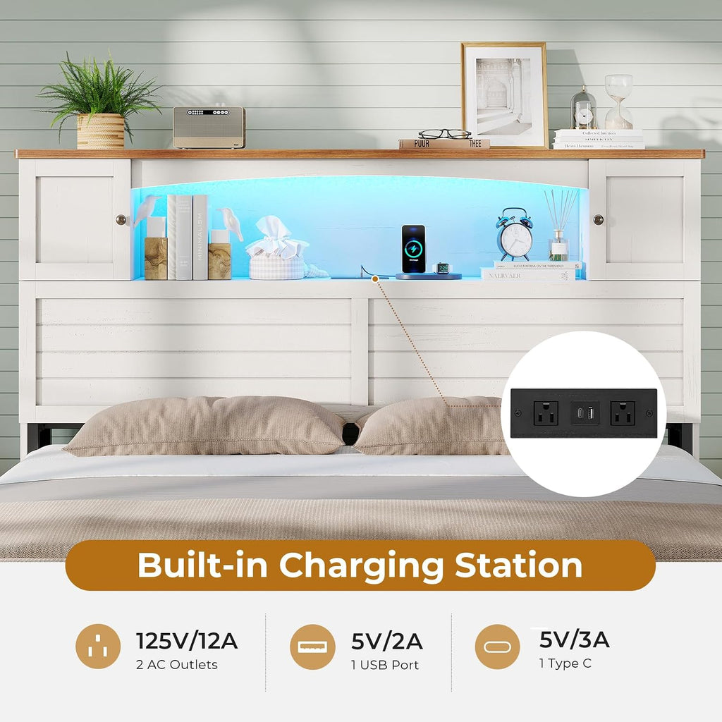 MSmask Farmhouse Bed Frame Full Size with Bookcase and Storage Cabinets Headboard, Wood Platform Bed with LED Lights, Charging Station, 4 Drawers, Decoration Footboard, No Box Spring Needed, White