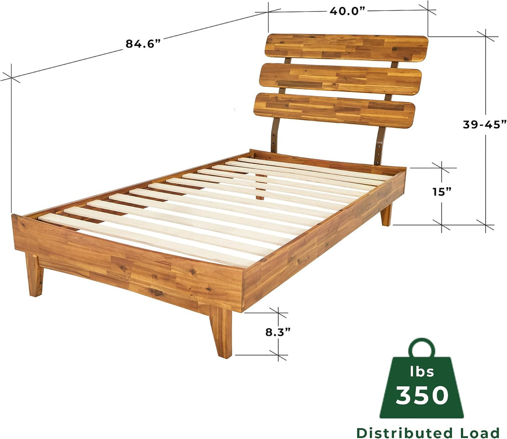 Bme Caden 15 Inch Bed Frame with Adjustable Headboard - Mid Century, Retro Style with Acacia Wood - No Box Spring Needed - 12 Strong Wood Slat Support - Easy Assembly - Caramel, Twin