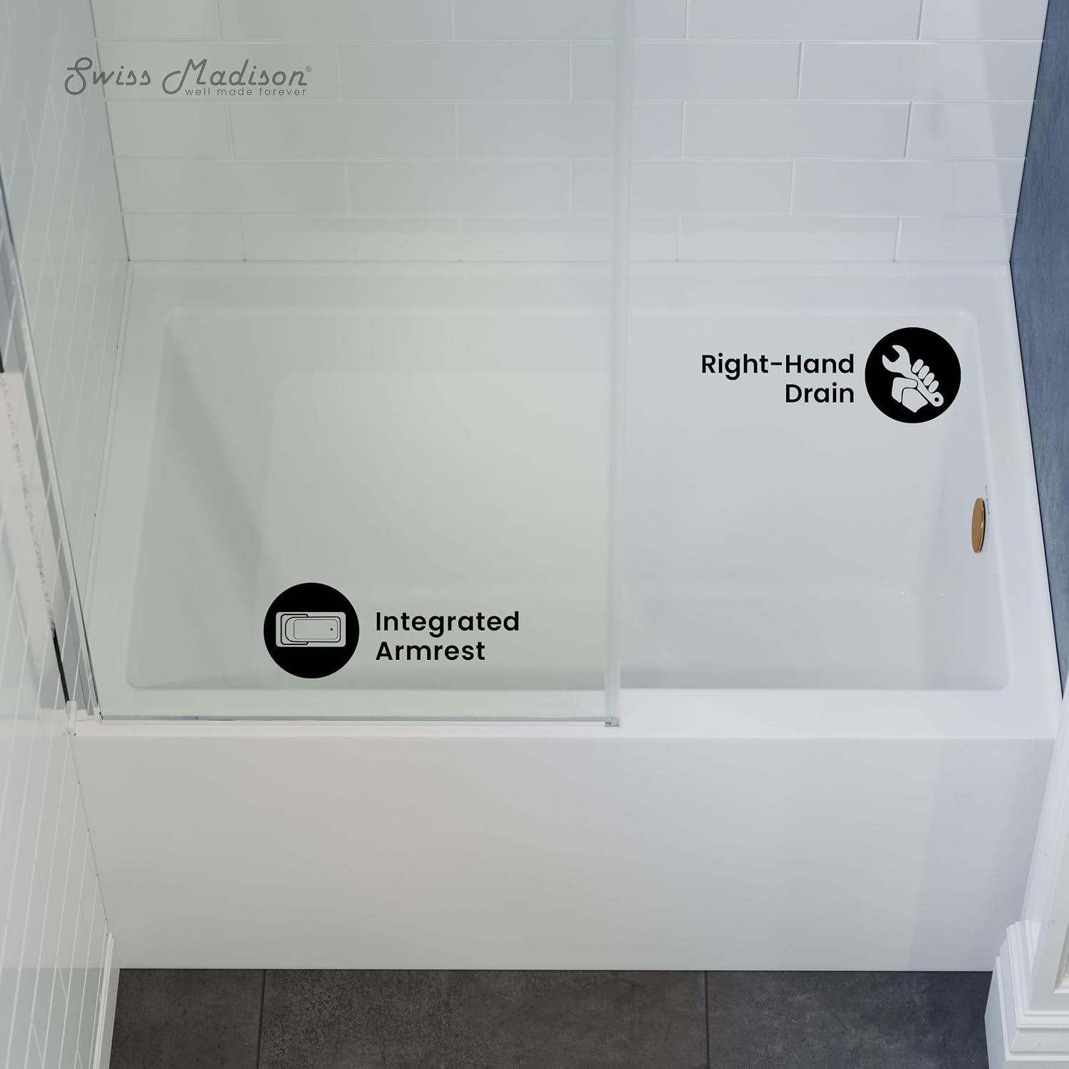 Voltaire 48' x 30' Right-Hand Drain Alcove Integrated Armrest Bathtub with Apron