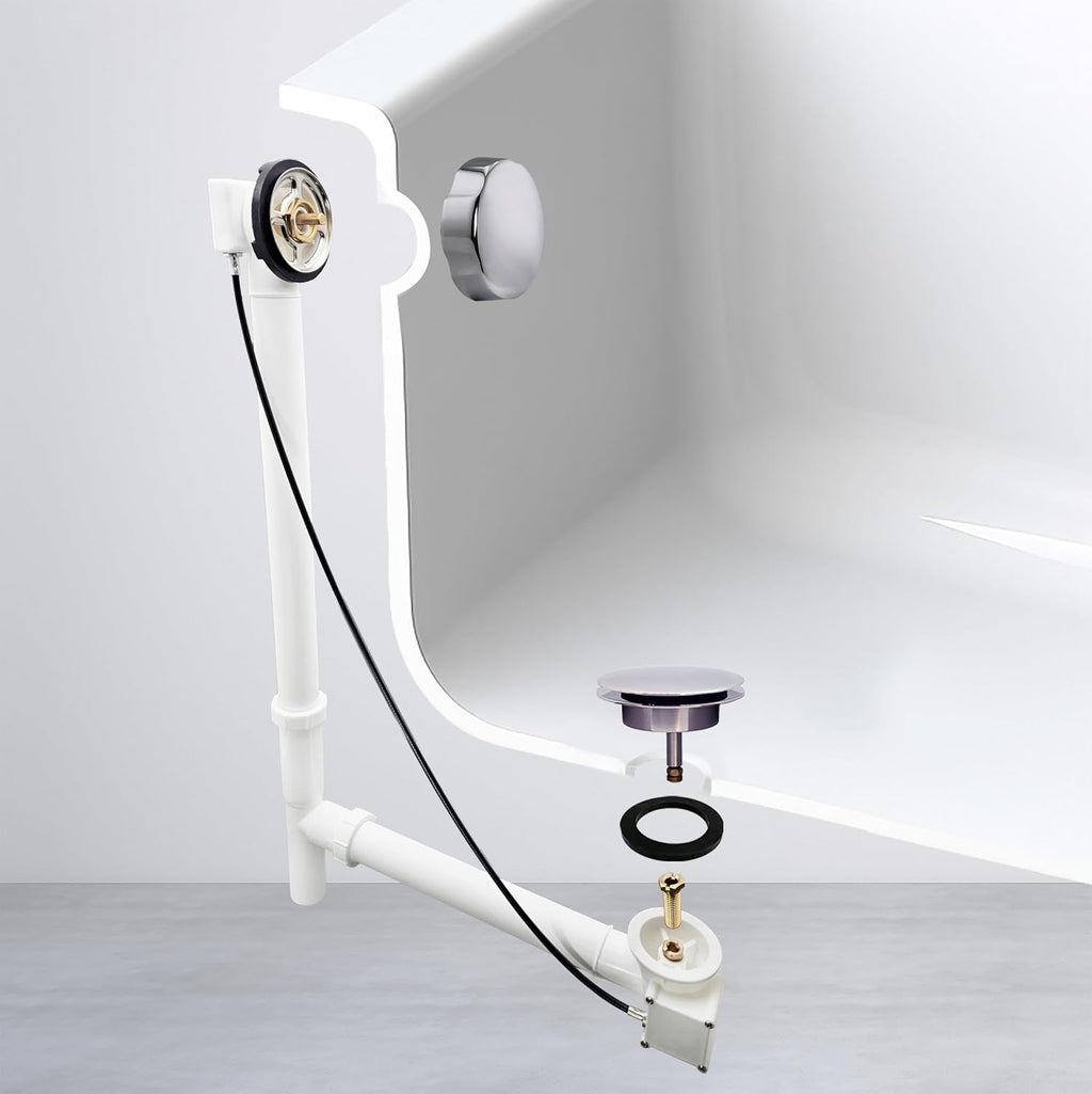 Westbrass A50P35TLE-26 35' Cable Drive Bath Drain Trim Kit with Rotary Overflow Cover Knob, European Stopper and Poly Tubular Pipes, Polished Chrome