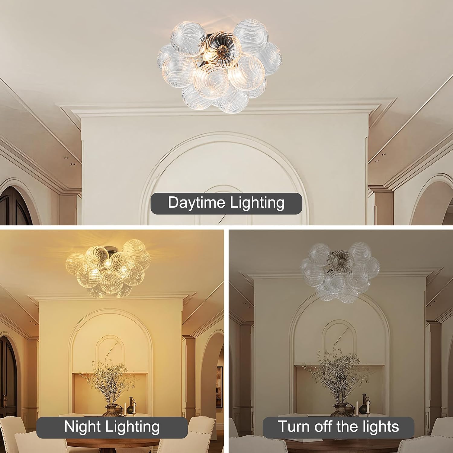 Semi Flush Mount Ceiling Light,Black Chandeliers for Living Room Modern Clear Swirled Glass Chandelier Dining Room Light Fixtures over Table 18.5' with 13 Globe for Foyer Bedroom Kitchen Island
