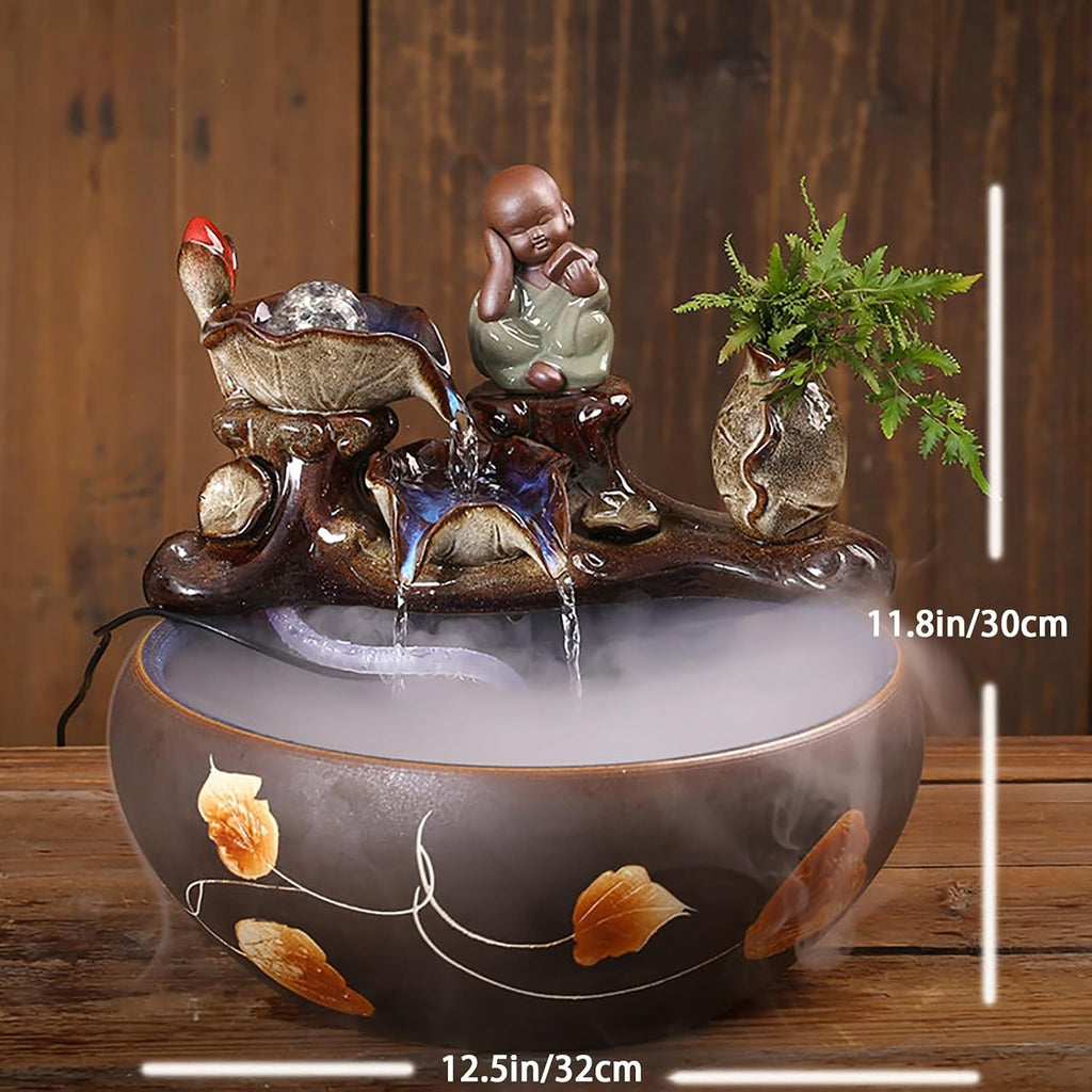 Tabletop Water Fountain, Mist Humidifier, Chinese Ceramic Desk Decor, Porcelain Indoor Feature for Living Room Office(A)