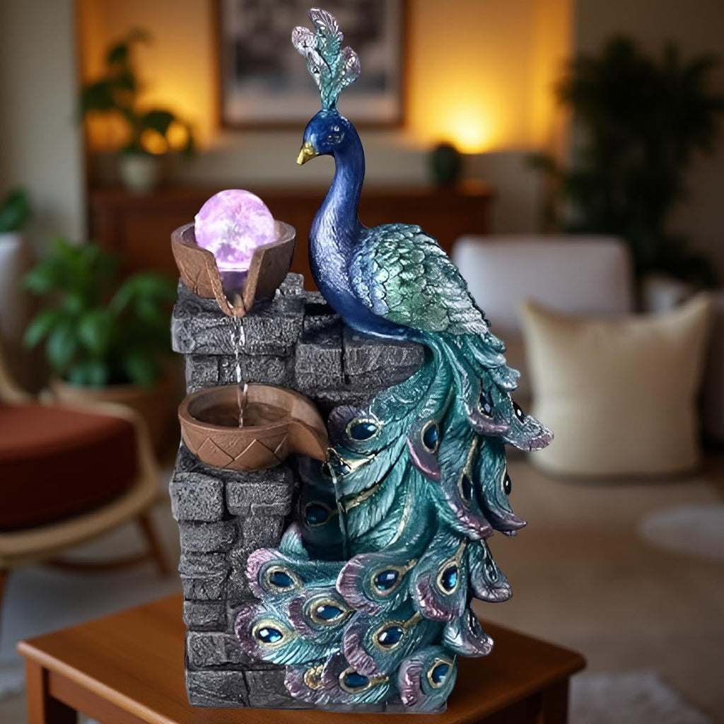 13.8-inch Peacock-Shaped Indoor Tabletop Fountain with LED Lights, Multi-Layer Waterfall & Crystal Ball – Includes 10 Free Natural Crystals – Silent Zen Decor for Home, Office & Meditation