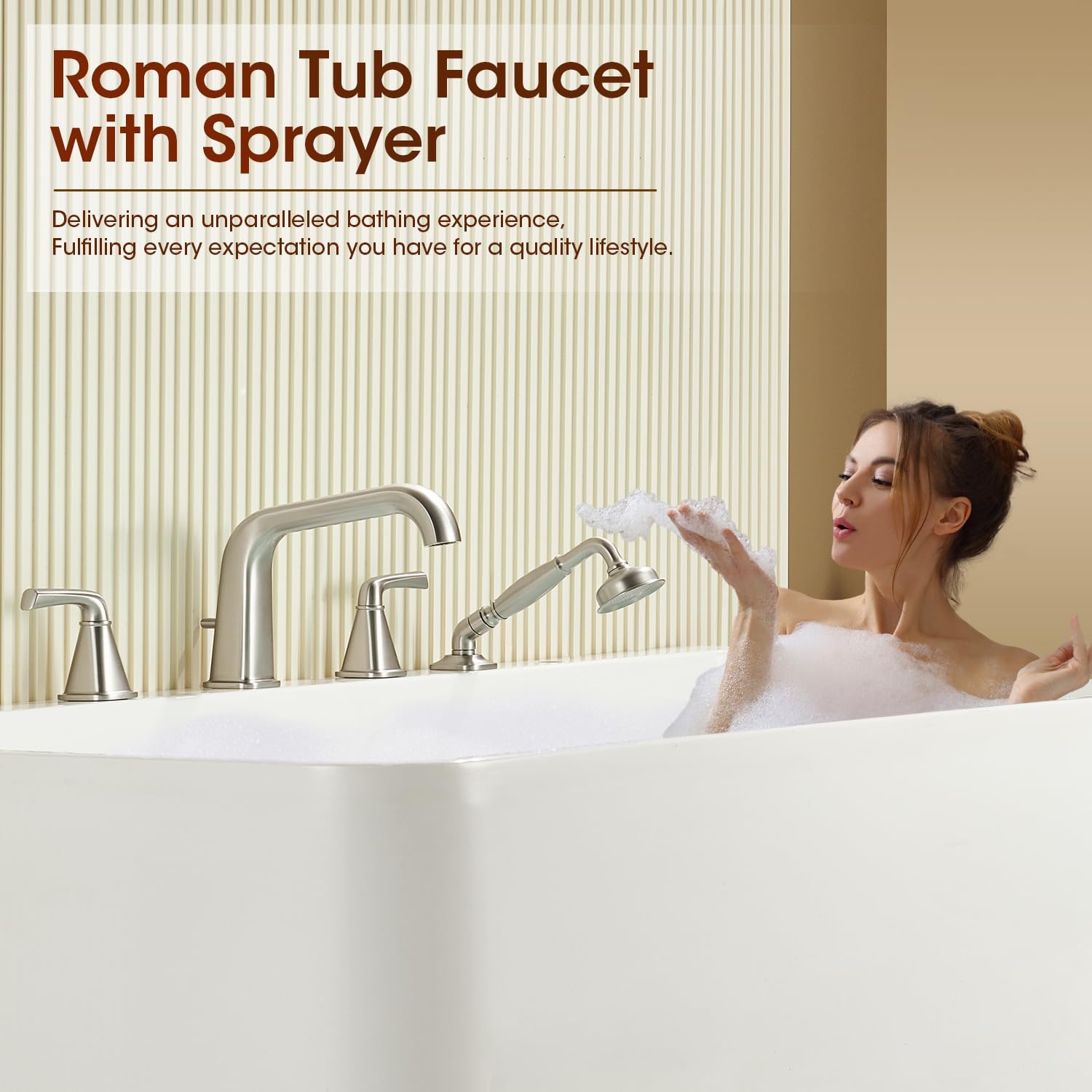 Roman Bathtub Faucet with Sprayer, Qinkell Tub Faucet Set with Valve, 4 Hole Deck Mount Tub Faucets, 2 Handle High Flow Tub Filler with Hand Shower and Supply Lines Brushed Nickel