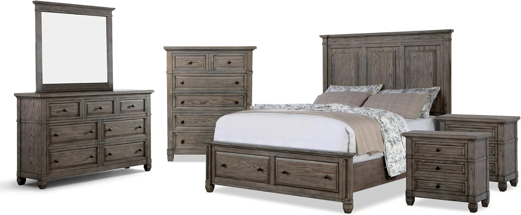 Furniture of America Xephyr Solid Wood 6-Piece Bedroom Set, Queen-Size Bed with Footboard Drawers, Felt-Lined Top & Ball-Bearing Glides, USB Port on Nightstand, Box Spring Required, Warm Gray