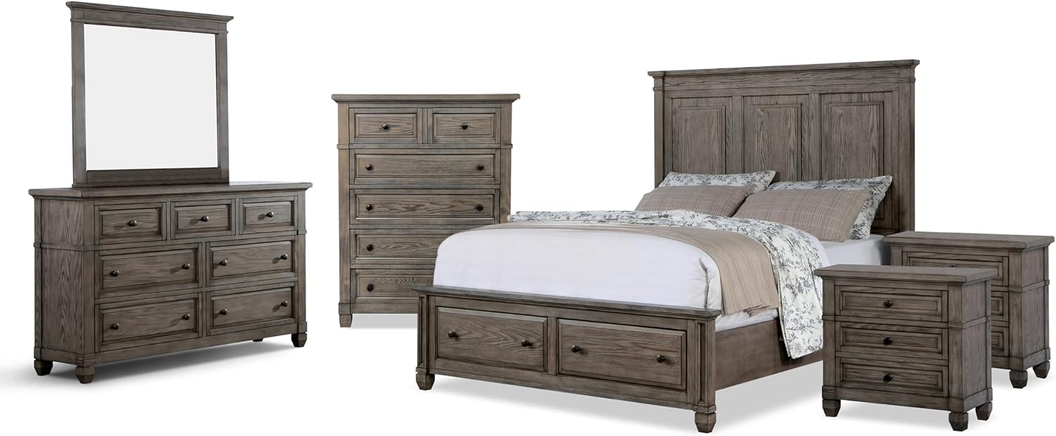 Furniture of America Xephyr Solid Wood 6-Piece Bedroom Set, Queen-Size Bed with Footboard Drawers, Felt-Lined Top & Ball-Bearing Glides, USB Port on Nightstand, Box Spring Required, Warm Gray