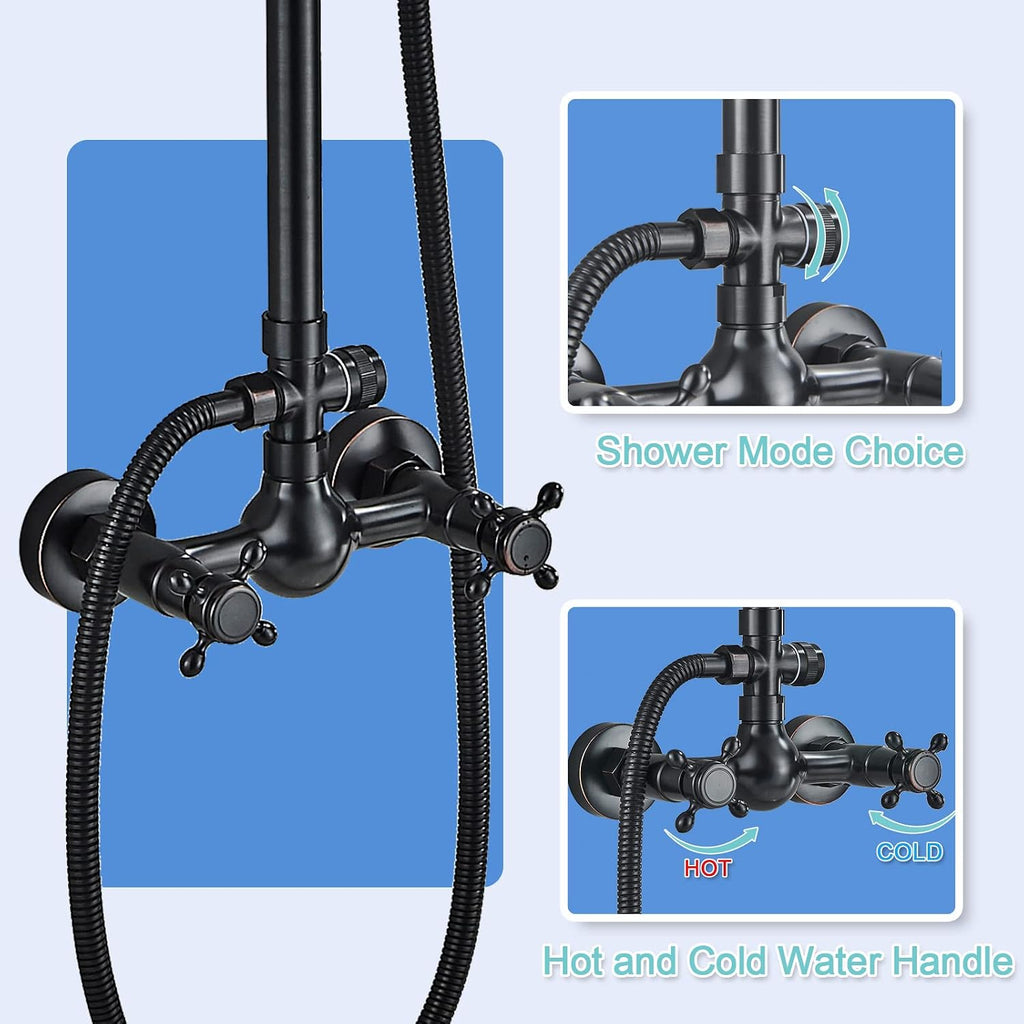 Rain Shower System Oil Rubbed Bronze Outdoor Shower Faucet Set with 8 Inch Rainfall Shower Head Handheld Spray 2 Cross Handles Wall Mounted Bathroom Shower Fixtures Solid Brass