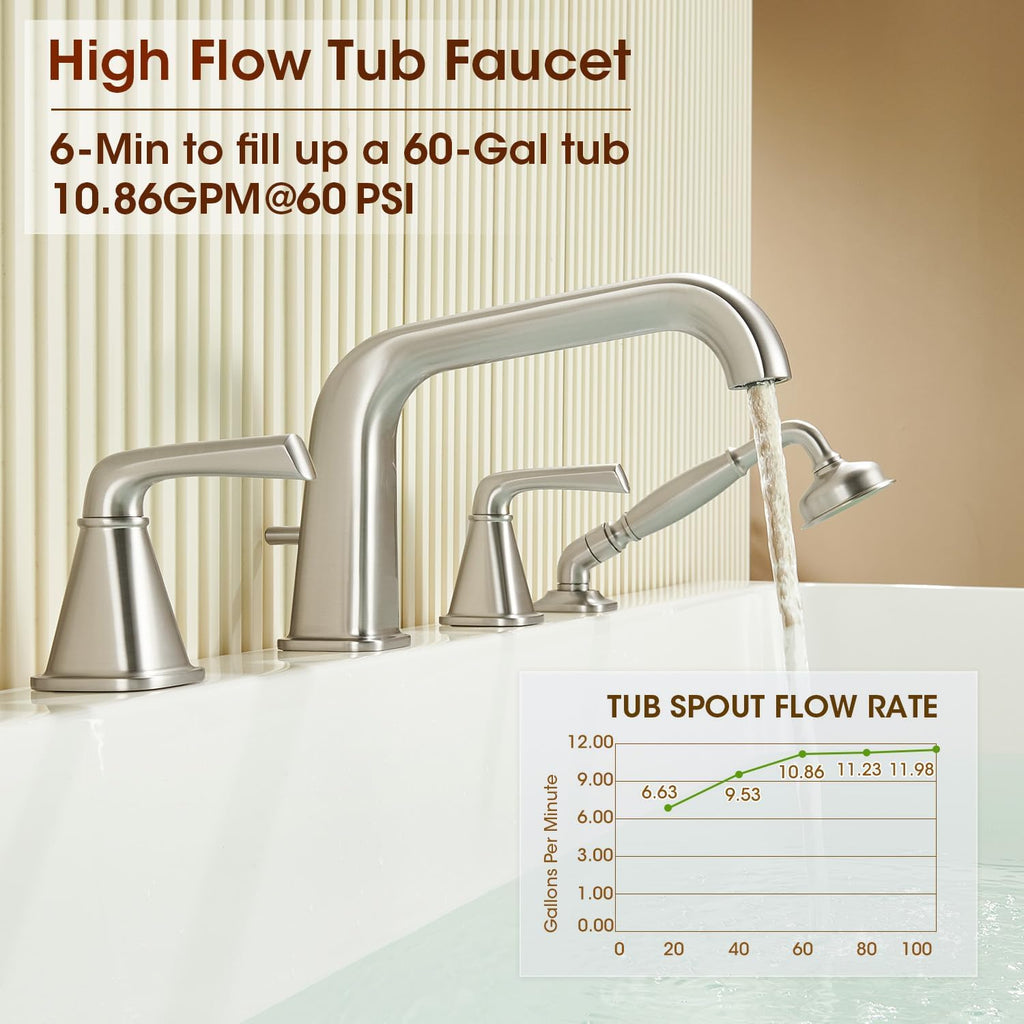 Roman Bathtub Faucet with Sprayer, Qinkell Tub Faucet Set with Valve, 4 Hole Deck Mount Tub Faucets, 2 Handle High Flow Tub Filler with Hand Shower and Supply Lines Brushed Nickel