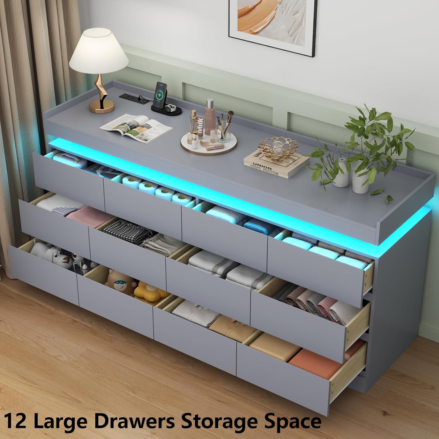 Gyfimoie 12 Drawer Dresser with Power Outlet, Dresser with LED Light, Modern Chest of Drawers for Closet, Double Wide Drawer Organizer Cabinet for Bedroom, Living Room (Grey, 12 Drawers)