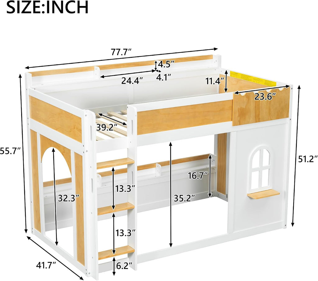 MERITLINE Twin Over Twin Bunk Bed with Storage Shelves,Window,and Doors,Solid Wood Floor House Bunk Bed with Storage, Ladder and Guardrails for Teens Adults