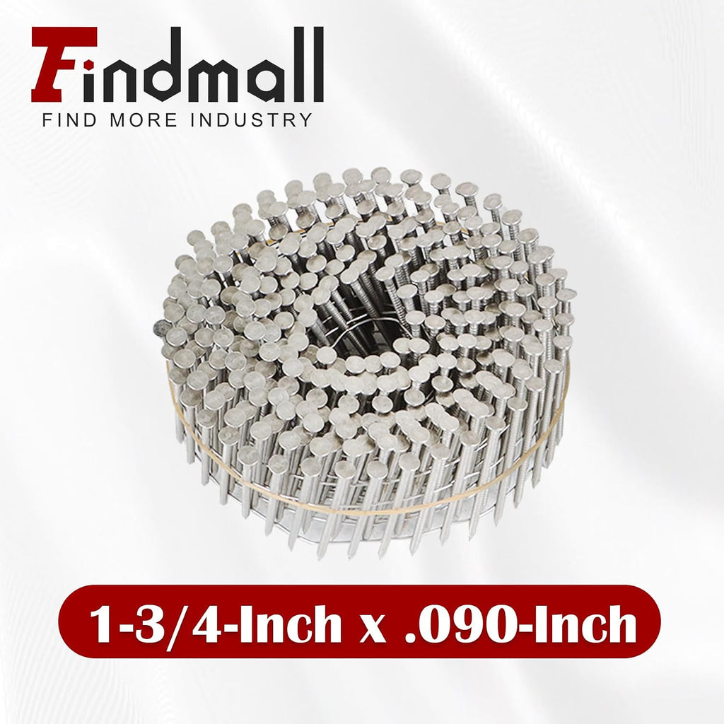 findmall 3600 Count 1-3/4-Inch x .090-Inch Ring Shank 304 Stainless Steel Siding Nails 15-Degree Collated Wire Coil Nails for Wood Siding or Fencing Applications
