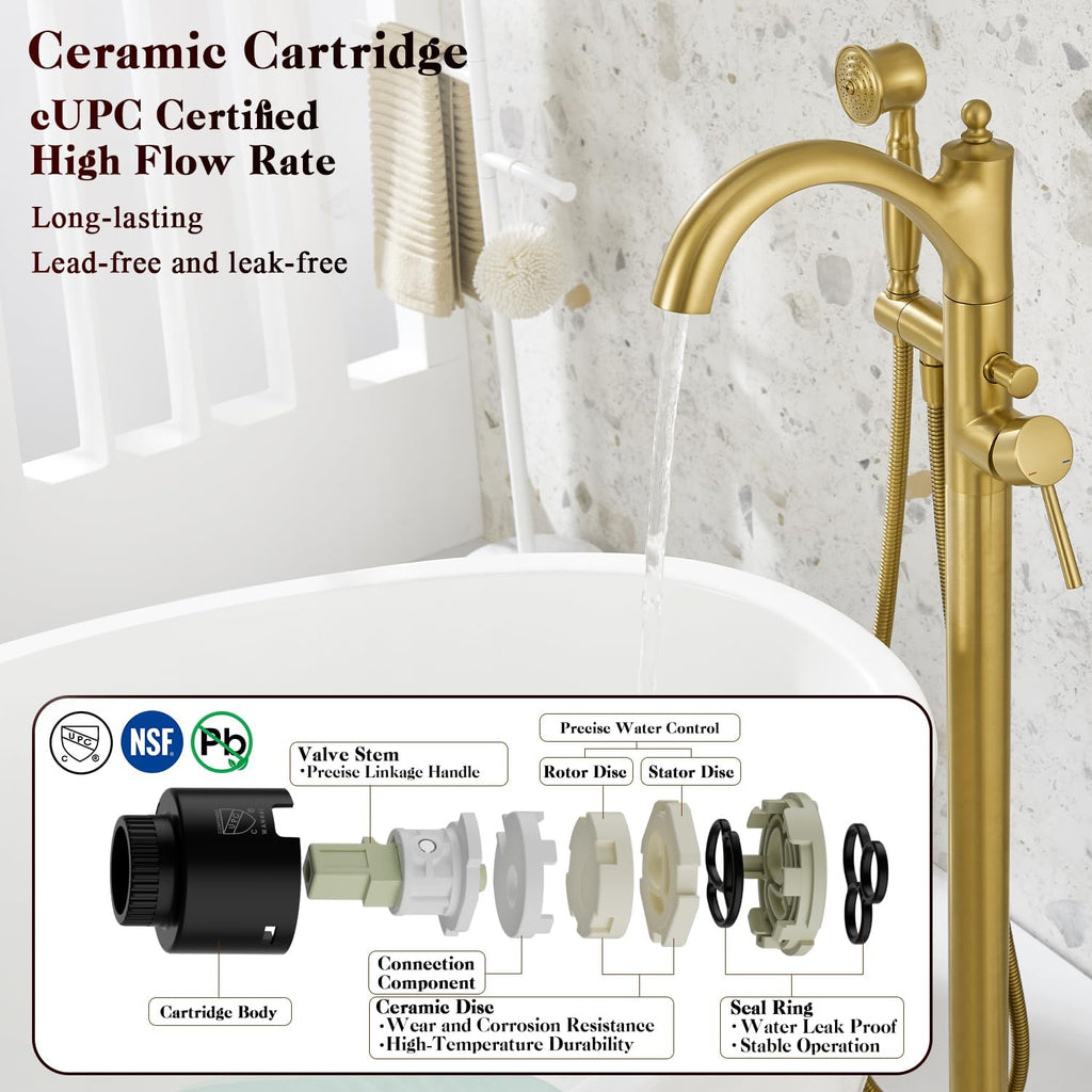 Free Standing Tub Faucet, Brushed Gold Classic Freestanding Bathtub Faucet with Vintage Hand Shower Brass High Flow Rate Floor Mount Tub Filler Swivel Spout Roman Tub Faucet Set (WT-9002BG)