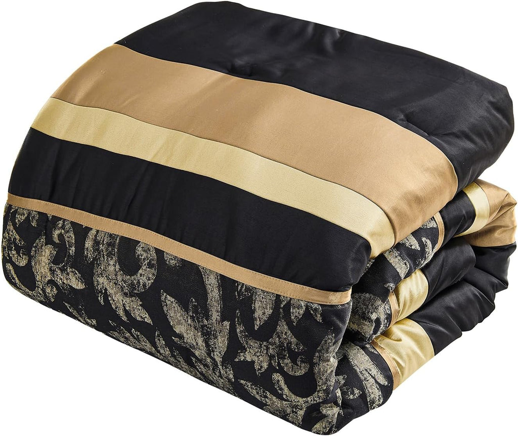 Finlonte 7-Pieces Black Gold Comforter Set Queen Size, Luxury Jacquard Floral Bed in a Bag, Vintage Geometric Patchwork All Season Down Alternative Bedding Set with Matching Pillows, Shams, Bed Skirt
