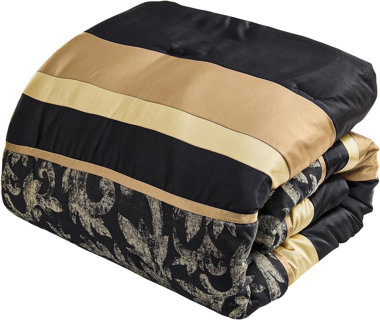Finlonte 7-Pieces Black Gold Comforter Set Queen Size, Luxury Jacquard Floral Bed in a Bag, Vintage Geometric Patchwork All Season Down Alternative Bedding Set with Matching Pillows, Shams, Bed Skirt