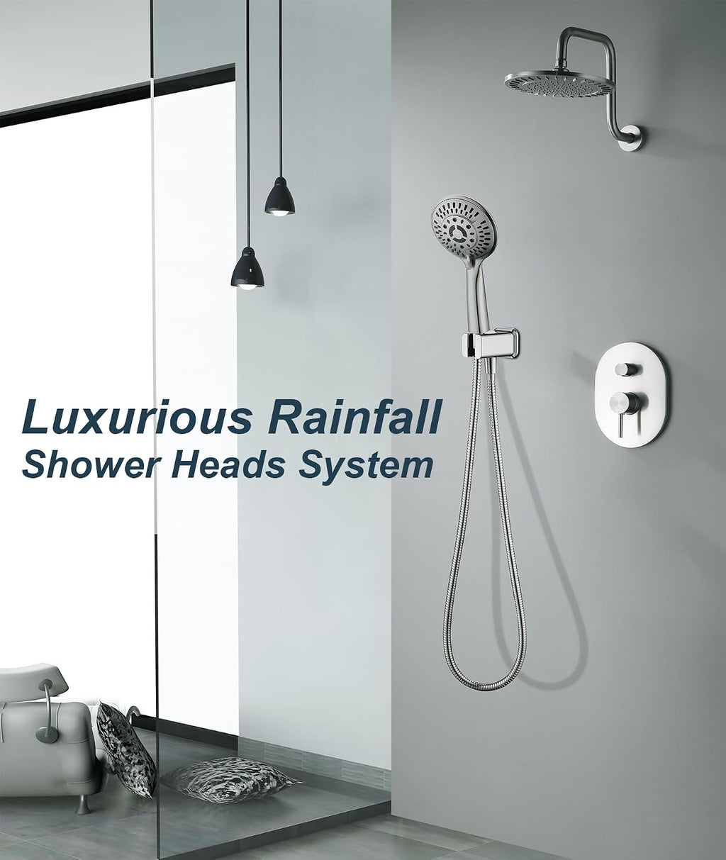 BRIGHT SHOWERS Shower Faucet Set, Shower Heads System with Rainfall Shower Head and Handheld Showerhead Combo, Shower Valve and Trim Kit, Wall Mounted Shower Holder and 79' Shower Hose, Brushed Nickel
