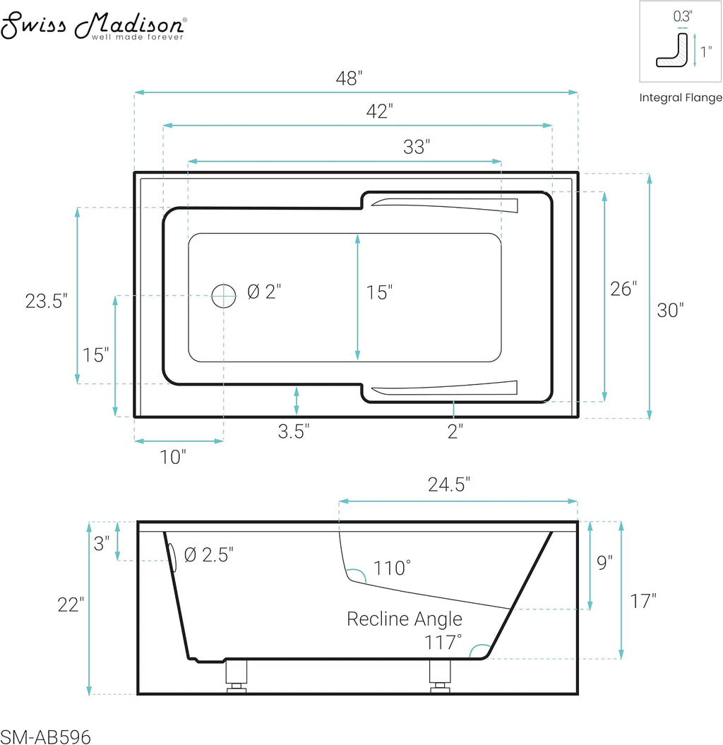 Voltaire 48' x 30' Left-Hand Drain Alcove Integrated Armrest Bathtub with Apron