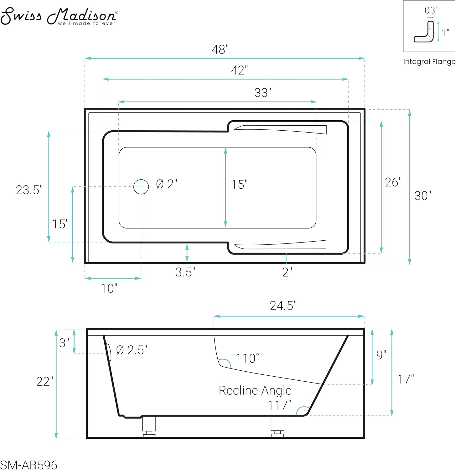 Voltaire 48' x 30' Left-Hand Drain Alcove Integrated Armrest Bathtub with Apron