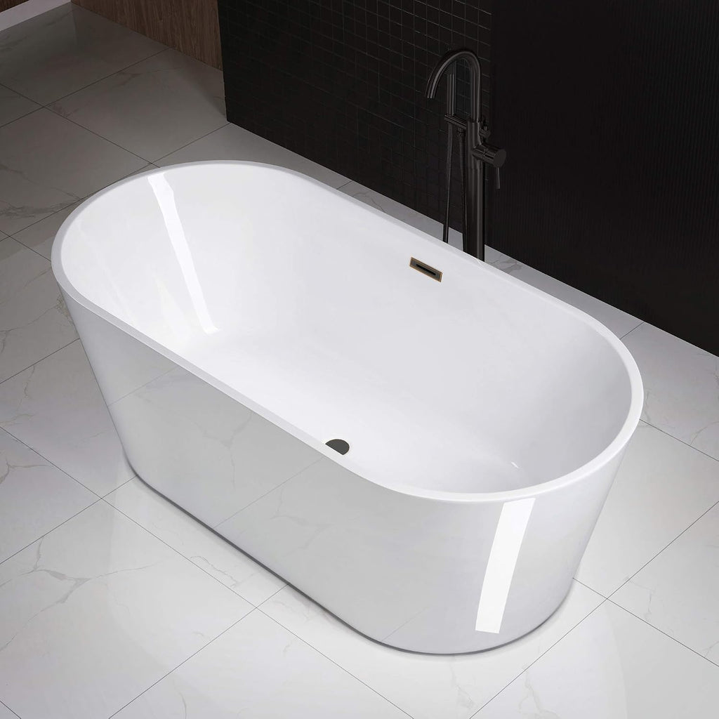 WOODBRIDGE 67' Acrylic Freestanding Bathtub Contemporary Soaking White Tub with Oil Rubbed Bronze Overflow and Drain，B0013-ORB