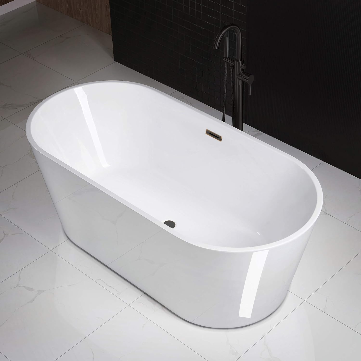 WOODBRIDGE 67' Acrylic Freestanding Bathtub Contemporary Soaking White Tub with Oil Rubbed Bronze Overflow and Drain，B0013-ORB