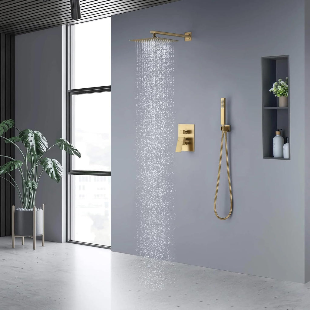 KIBI Cube Bathroom Shower System | 2-Function Wall Mounted Shower Faucet Set with Solid Brass Pressure Balanced Valve | Three Hand Shower Modes | 15-inch Long Shower Arm | Brushed Brass (KSF405)
