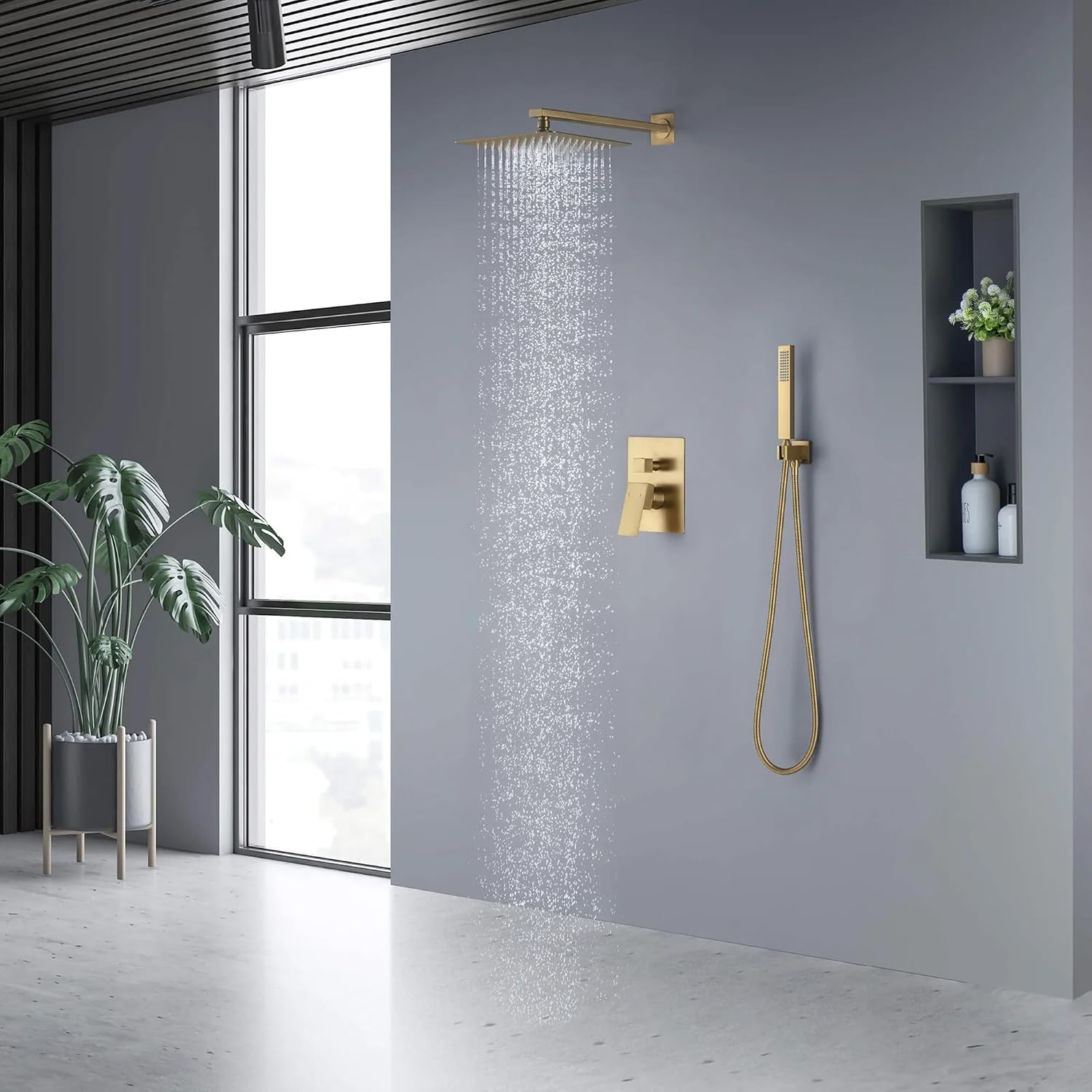 KIBI Cube Bathroom Shower System | 2-Function Wall Mounted Shower Faucet Set with Solid Brass Pressure Balanced Valve | Three Hand Shower Modes | 15-inch Long Shower Arm | Brushed Brass (KSF405)