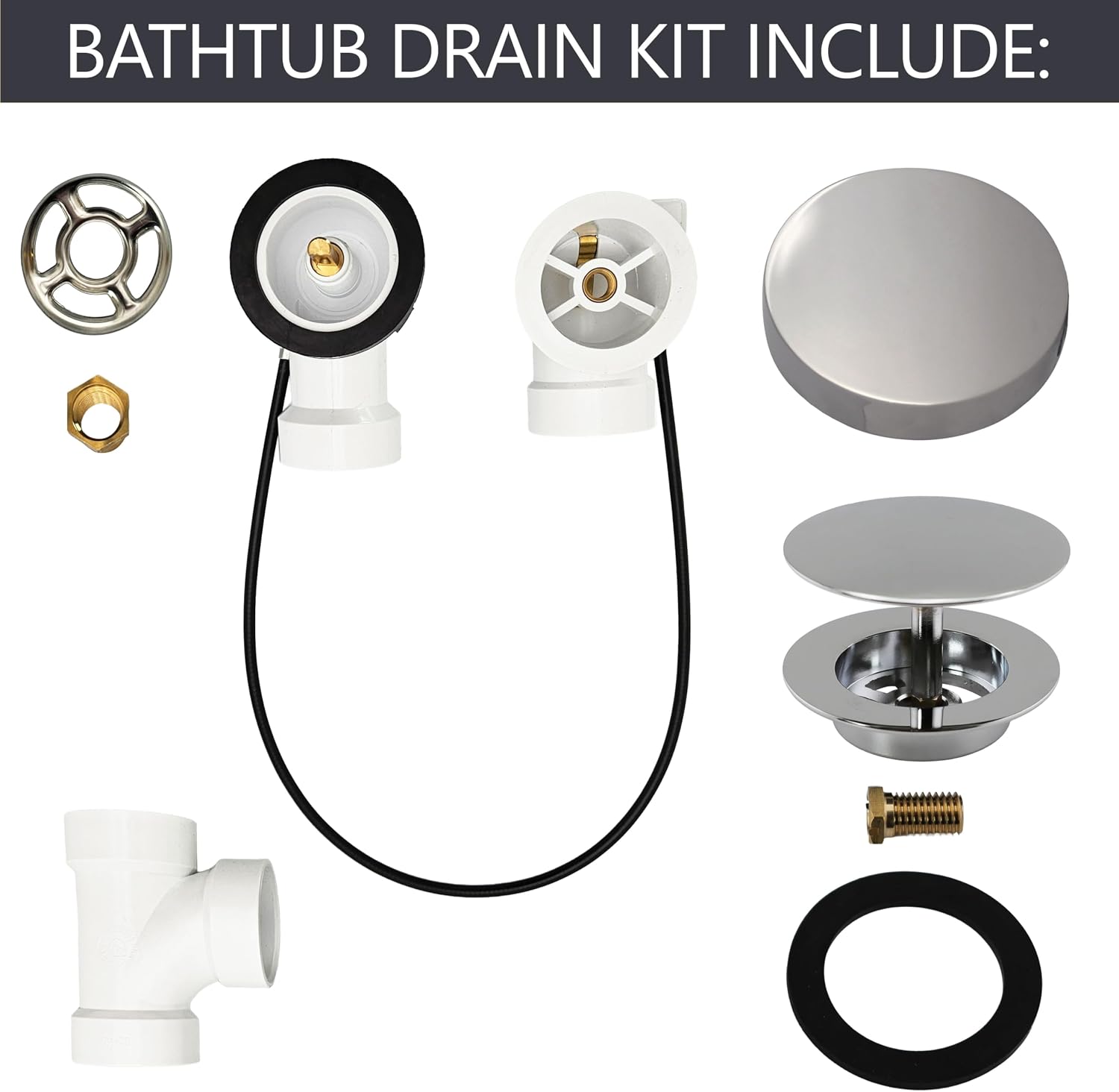 Westbrass D50P35SRE-05 35' Cable Drive Bathtub Drain Trim with Rotary Overflow Cover Knob, Pop-Up Stopper Sch. 40 PVC Fittings, Polished Nickel