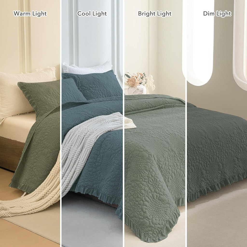 QSH Dark Green Oversized King Quilt Bedspread Set(128'x120'),3PCs Stonewashed Cotton Farmhouse Ruffled Bedspread California King,Shabby Soft Lightweight Crinkled Quilt Coverlet Bed with Pillow Shams