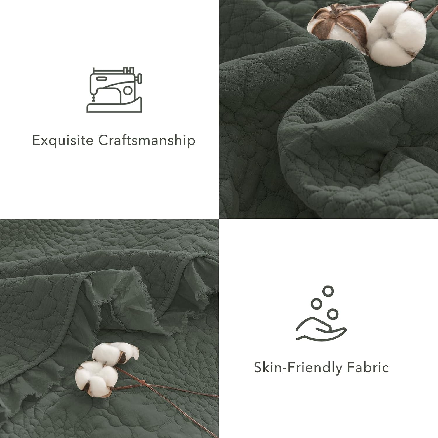 QSH Dark Green Oversized King Quilt Bedspread Set(128'x120'),3PCs Stonewashed Cotton Farmhouse Ruffled Bedspread California King,Shabby Soft Lightweight Crinkled Quilt Coverlet Bed with Pillow Shams