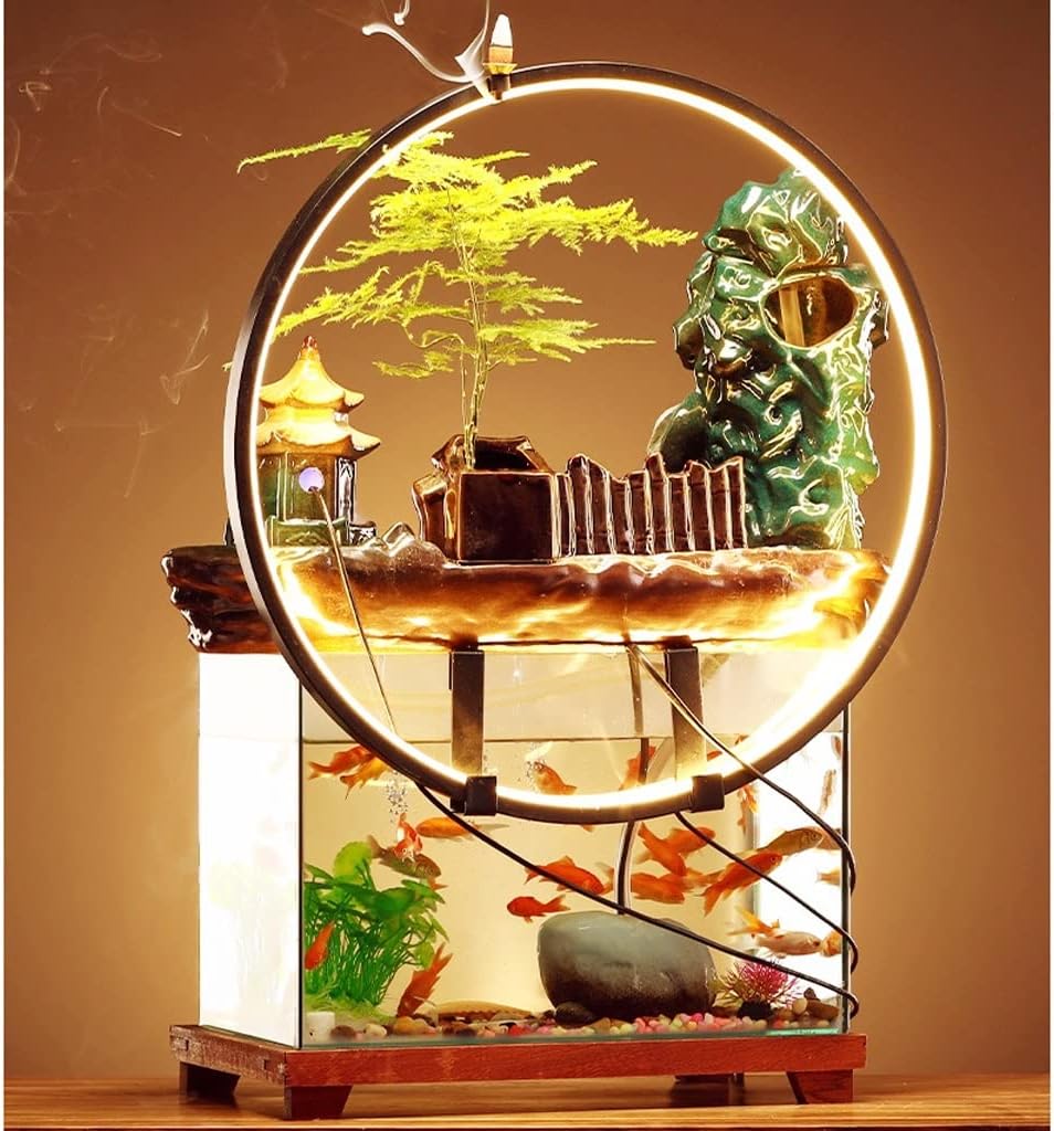 HIHELO Desktop Fountain Tabletop Fountain Ceramic Waterfall Fountain with Lamp Ring and Fish Tank Tabletop Flowing Water Decoration Office Home Decoration Water Fountain Outdoor (Color : B)