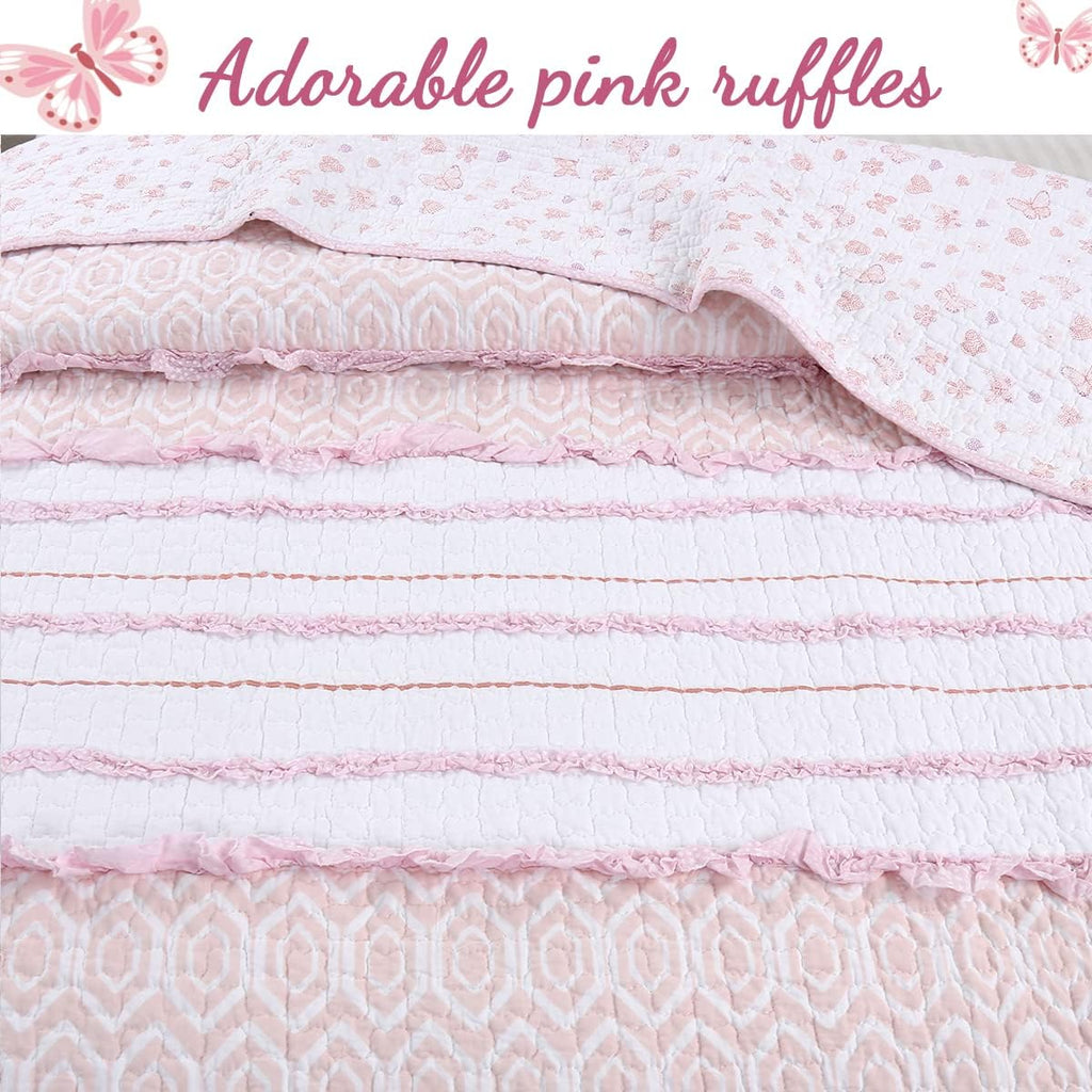 Cozy Line Home Fashions Pretty in Pink Girly Ruffle Stripped 100% Cotton Reversible Quilt Bedding Set, Coverlet, Bedspread (Pink Princess, Queen - 5 Piece: 1 Quilt + 2 Shams + 2 Decor Pillows)