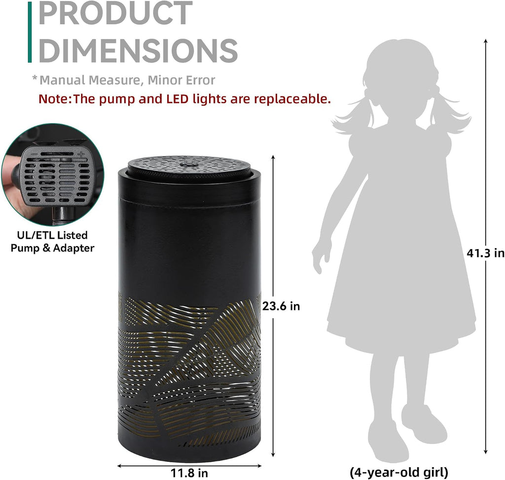 23.75 Inch Modern Outdoor Water Fountain with LED Lights, Black Geometric Bird Bath Garden Fountain for Patio, Yard, Porch Decor, Soothing Waterfall for Relaxing Ambiance, 23.75' H-Jet Black