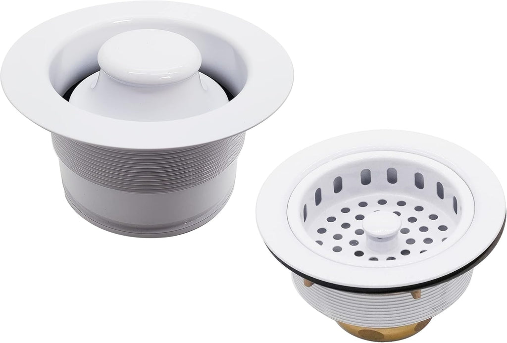Westbrass CO2185-50 Combo Pack 3-1/2' Post Style Large Kitchen Sink Basket Strainer and Waste Disposal Drain Flange with Stopper, Powder Coat White