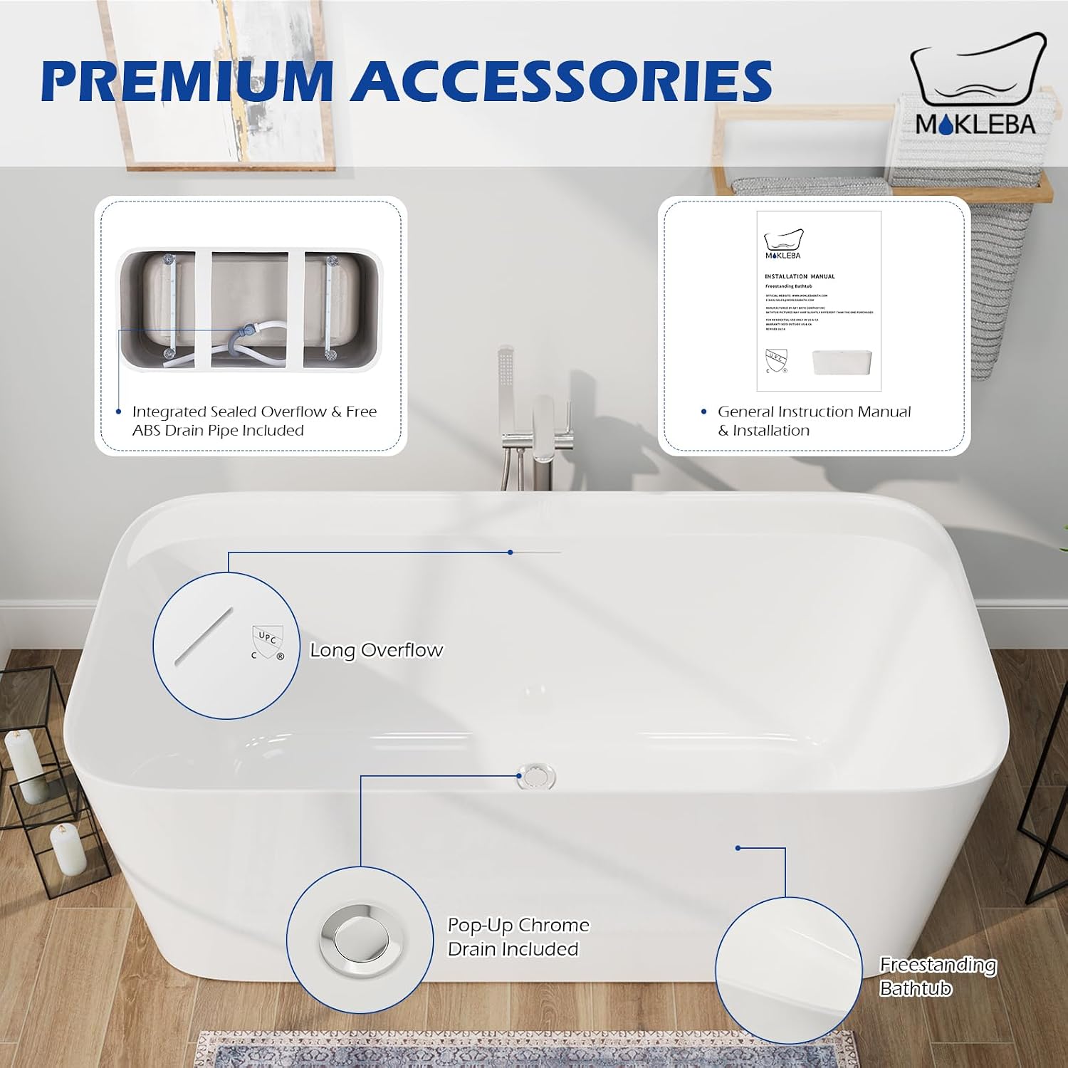 59' Lucite Acrylic Freestanding Bathtub, Rectangular Shape Contemporary Soaking Tub with Toe-tap Chrome Drain, Slotted Overflow, cUPC Certified, Glossy White