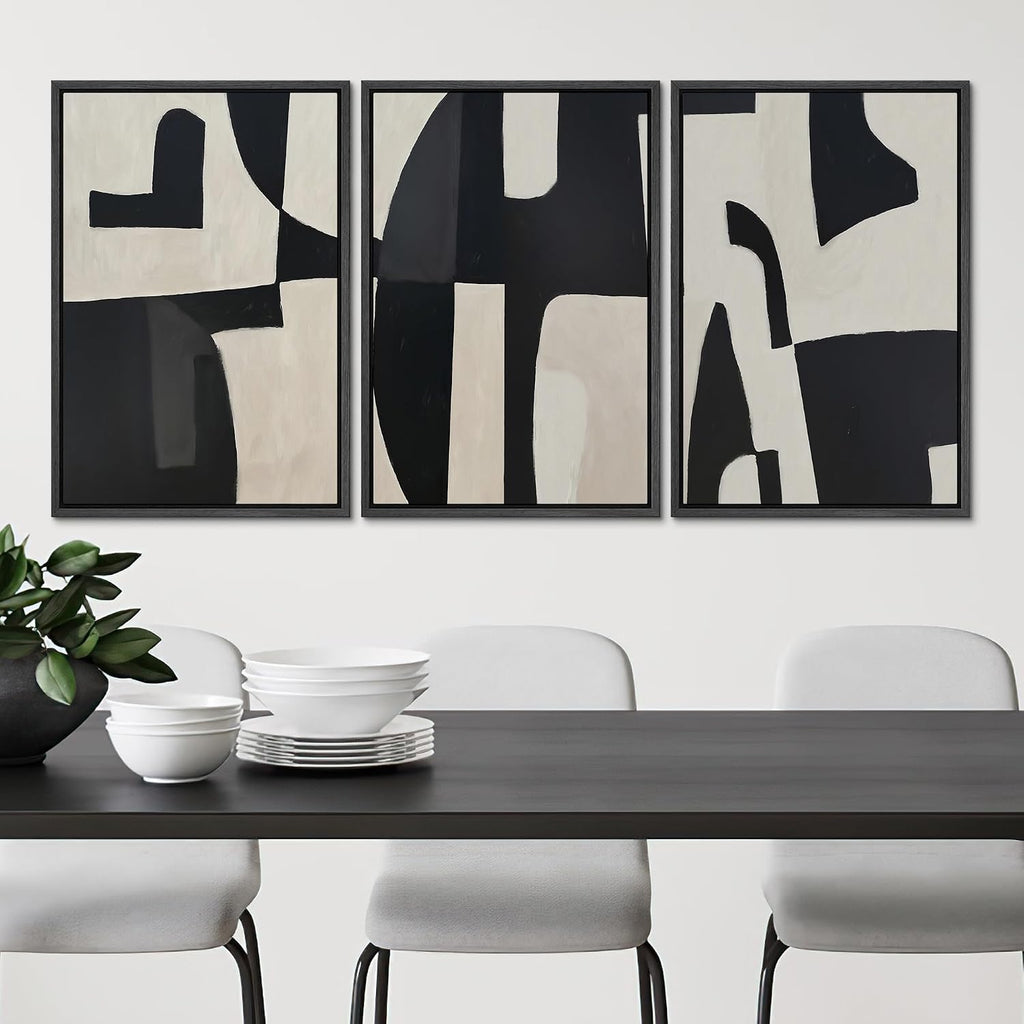 SIGNLEADER Framed Canvas Print Wall Art Set Black and Beige Abstract Shapes Modern Geometric Illustrations Boho Decorative for Living Room, Bedroom, Office - 16'x24'x3 Black
