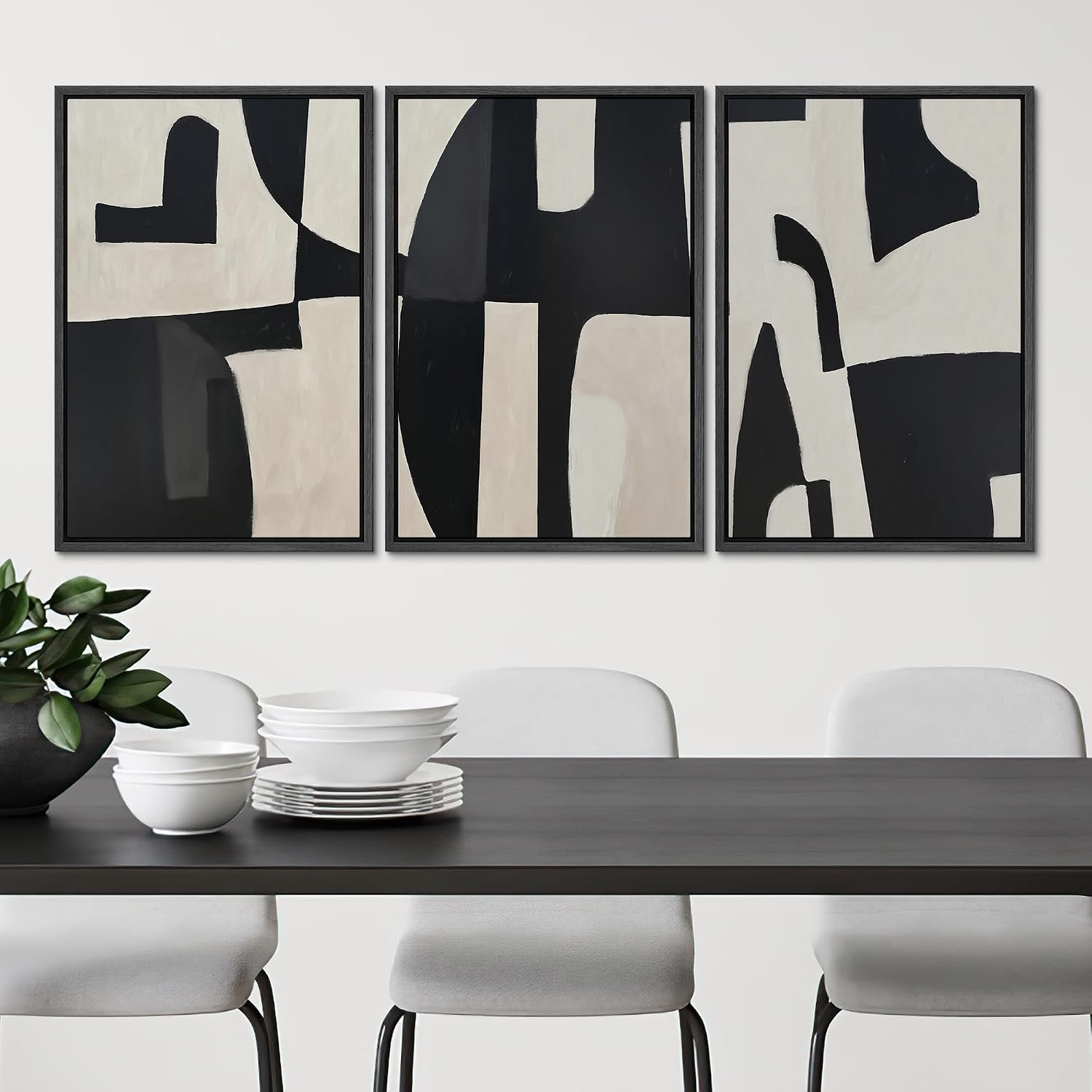 SIGNLEADER Framed Canvas Print Wall Art Set Black and Beige Abstract Shapes Modern Geometric Illustrations Boho Decorative for Living Room, Bedroom, Office - 16'x24'x3 Black