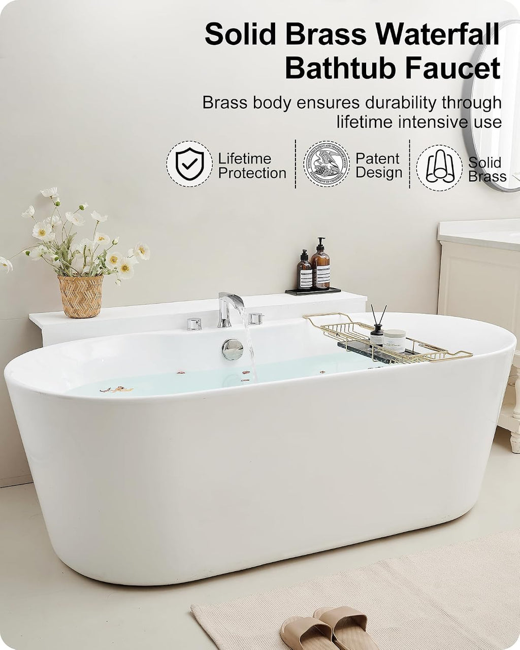 Waterfall Vessel Faucet, Bathtub Faucet Set High Flow Brass Bath Tub Faucets, Tall Bathroom Faucet with Drain Supply Hose