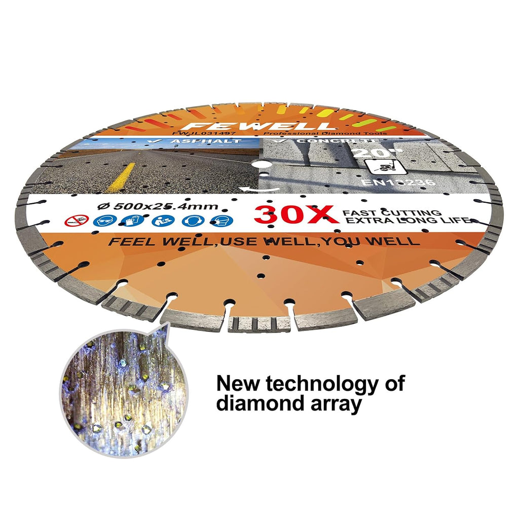 FEWELL 20' Concrete Diamond Saw Blade,Asphalt Diamond Blade Multi-Purpose for Cutting Hard Reinforced Concrete Asphalt Masonry Stone Terrazzo, Laser-Welded Segmented, 1'-20mm Arbor