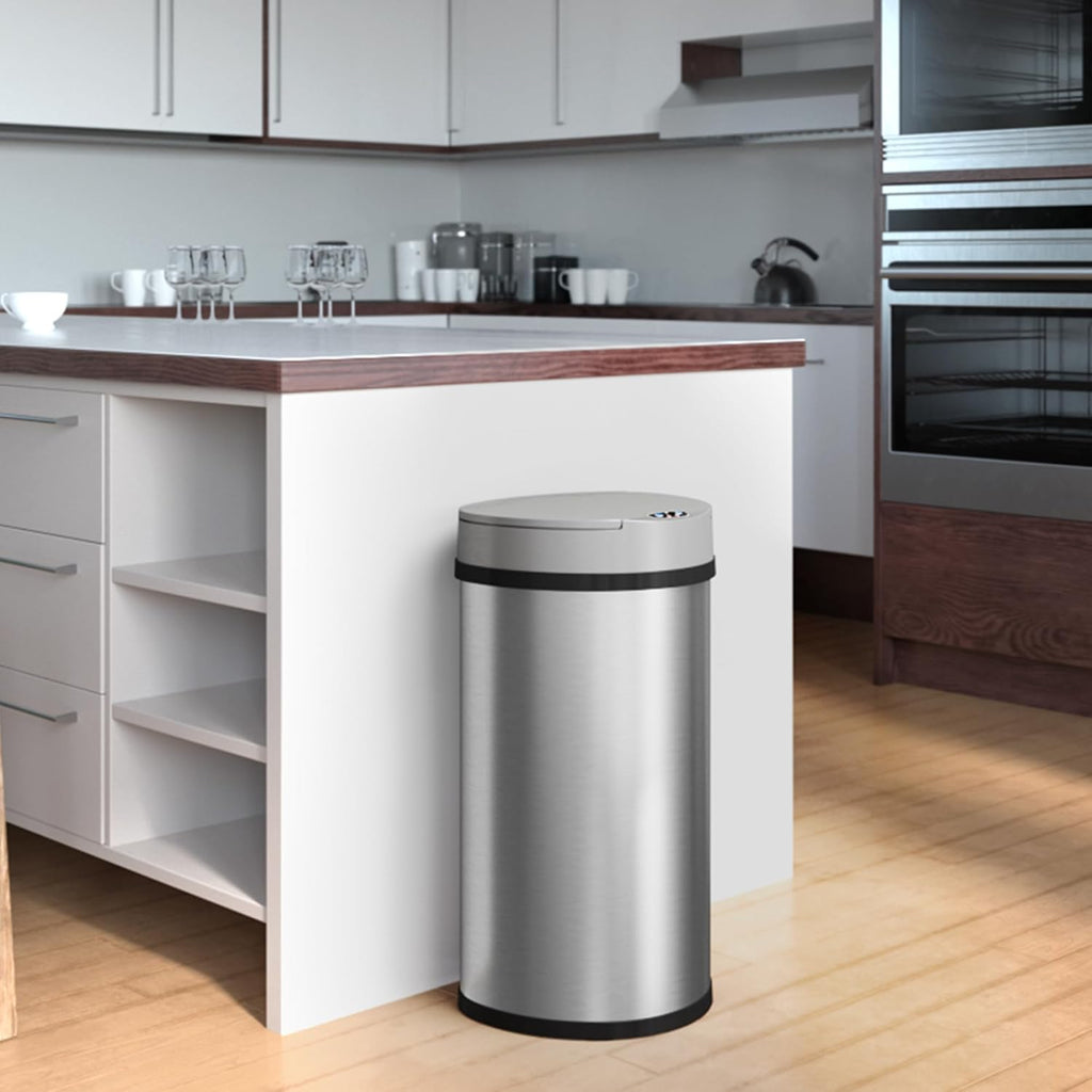 iTouchless 13 Gallon Semi-Round Extra-Wide Opening Sensor Touchless Trash Can with Odor Control System, Automatic Space Saving Stainless Steel Silver Garbage Bin for Home Kitchen and Office