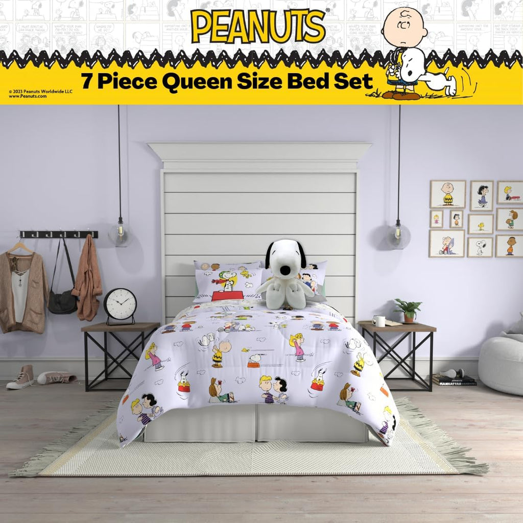 Peanuts Charlie Brown, Snoopy & Gang Bedding, 7 Piece Super Soft Cozy Reversible Comforter and Sheet Set with Sham, Queen, (100% Official Licensed Product) by Franco Collectibles