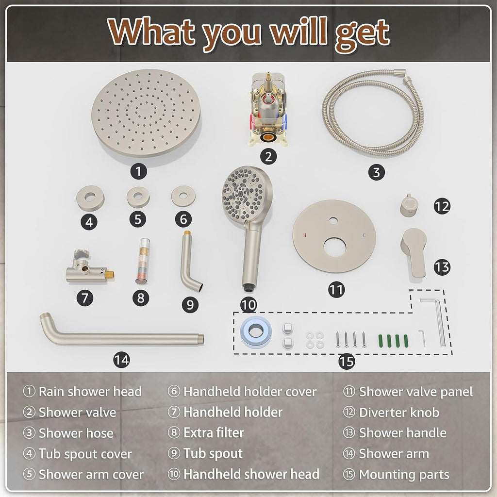 Iriber Brushed Nickel Bathtub Shower Faucet Set，Bathroom Shower System with Tub Spout ，Filtered Shower Head with Handheld, 9 Spray Mode Showerhead,Shower Valve Trim Kit Contain Cartridge,10 Inch