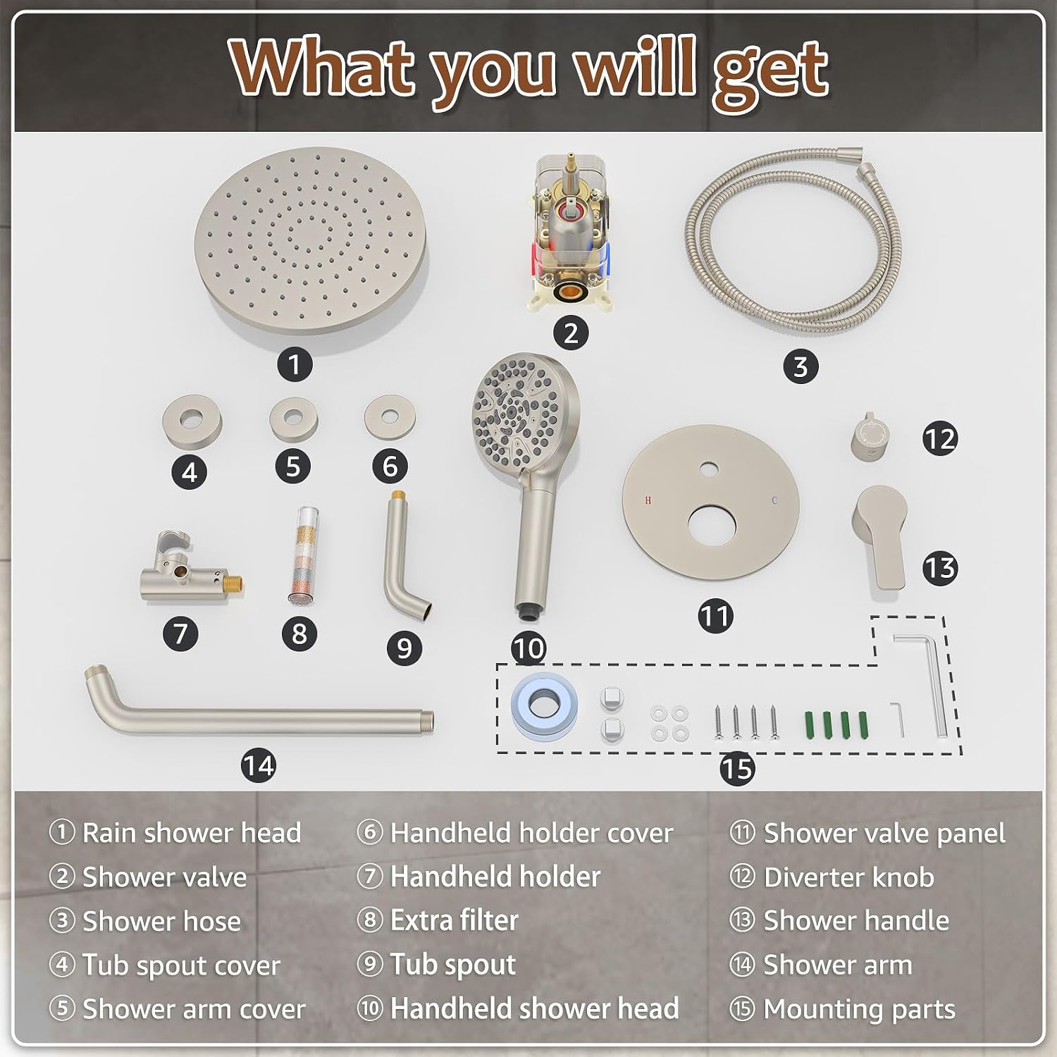 Iriber Brushed Nickel Bathtub Shower Faucet Set，Bathroom Shower System with Tub Spout ，Filtered Shower Head with Handheld, 9 Spray Mode Showerhead,Shower Valve Trim Kit Contain Cartridge,10 Inch