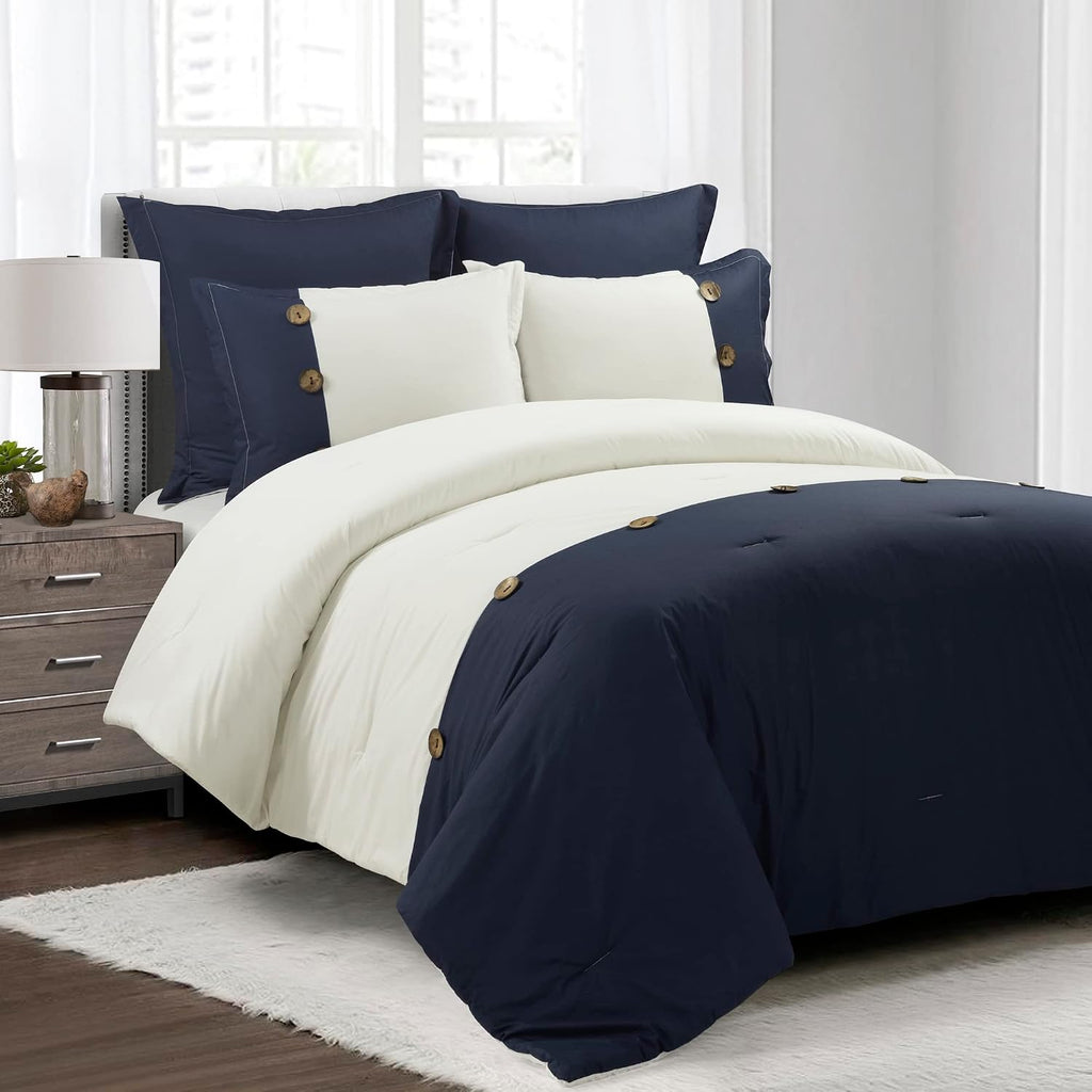 Lush Decor Linen Button Farmhouse 5 Piece Comforter Set, Full/ Queen, Navy - Rustic Chic Bedding Set With Euro Shams - Modern Color Block Design With Coconut Husk Button Detail
