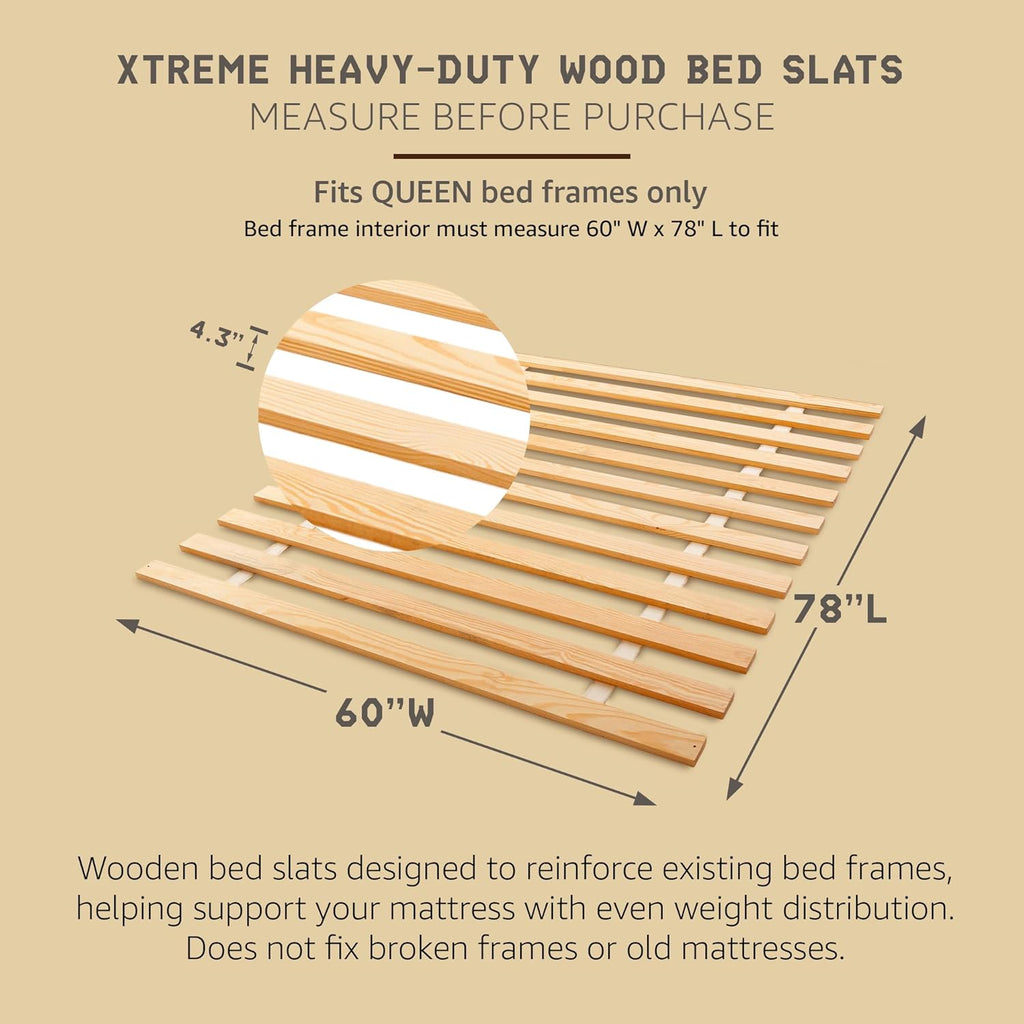 Hercules Xtreme Bed Frame Support Slats, Heavy-Duty Solid Pine Wood Bunkie Board Under Bed-Support, Wooden Support Board for Sagging, Queen Size