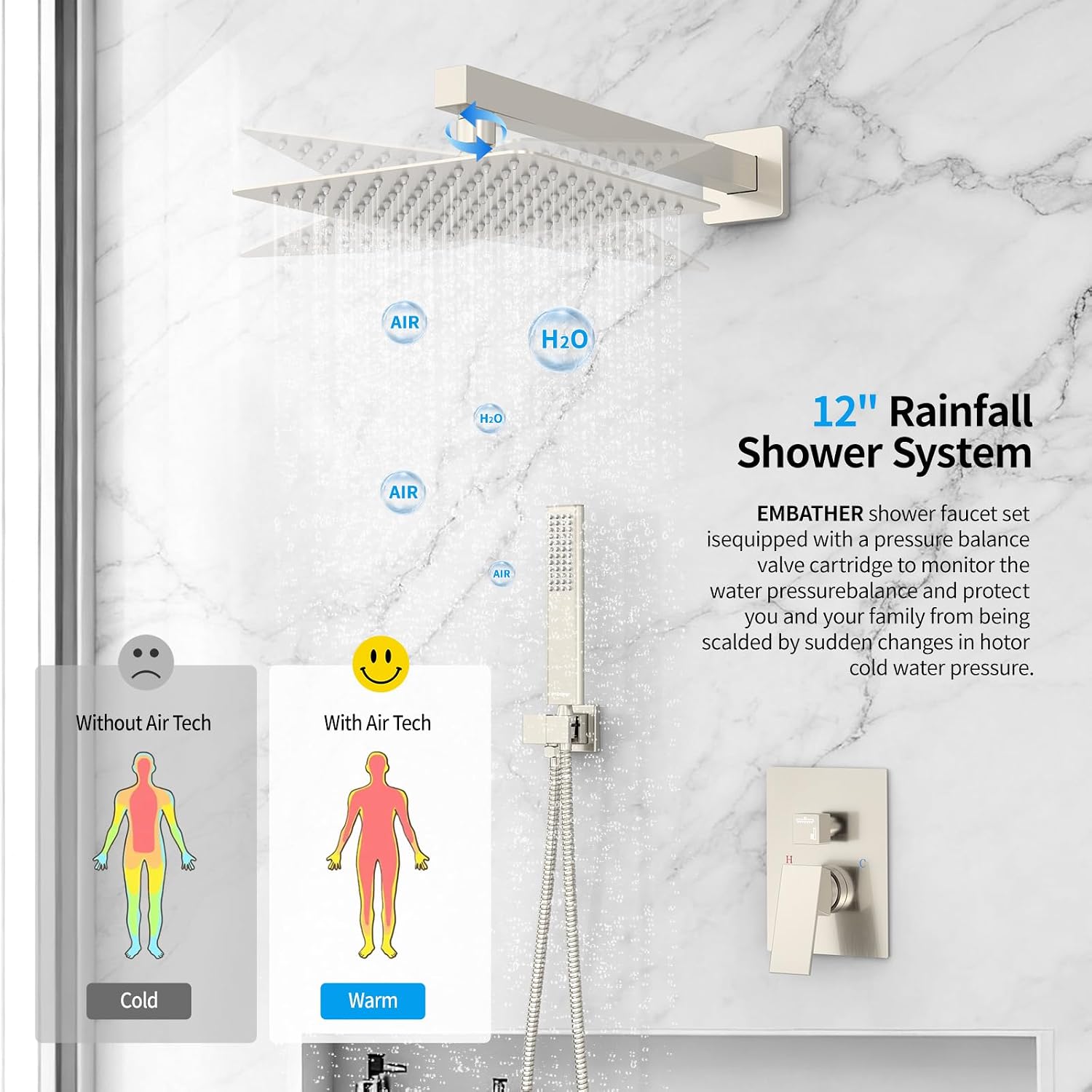EMBATHER Shower System 12' Shower Faucet Set for Bathroom Luxury Rain Mixer Combo Set Wall Mounted Rainfall Square Shower Head, Easy Installation, Contain Rough-in Valve & Trim, Brushed Nickel
