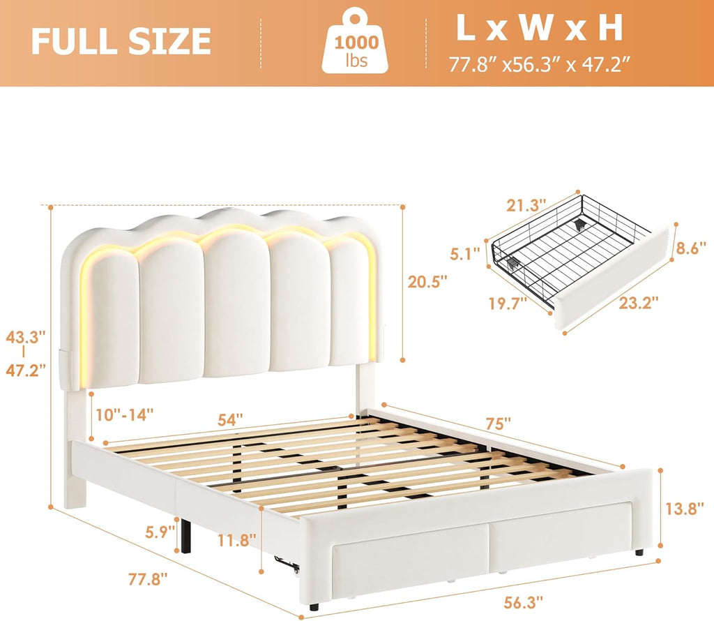 Full Upholstered LED Bed Frame with 2 Storage Drawers and Adjustable Chic Double Wavy Headboard, Velvet Princess Platform Bed with Charing Station, Solid Wood Slats Support,No Box Spring Needed,Beige