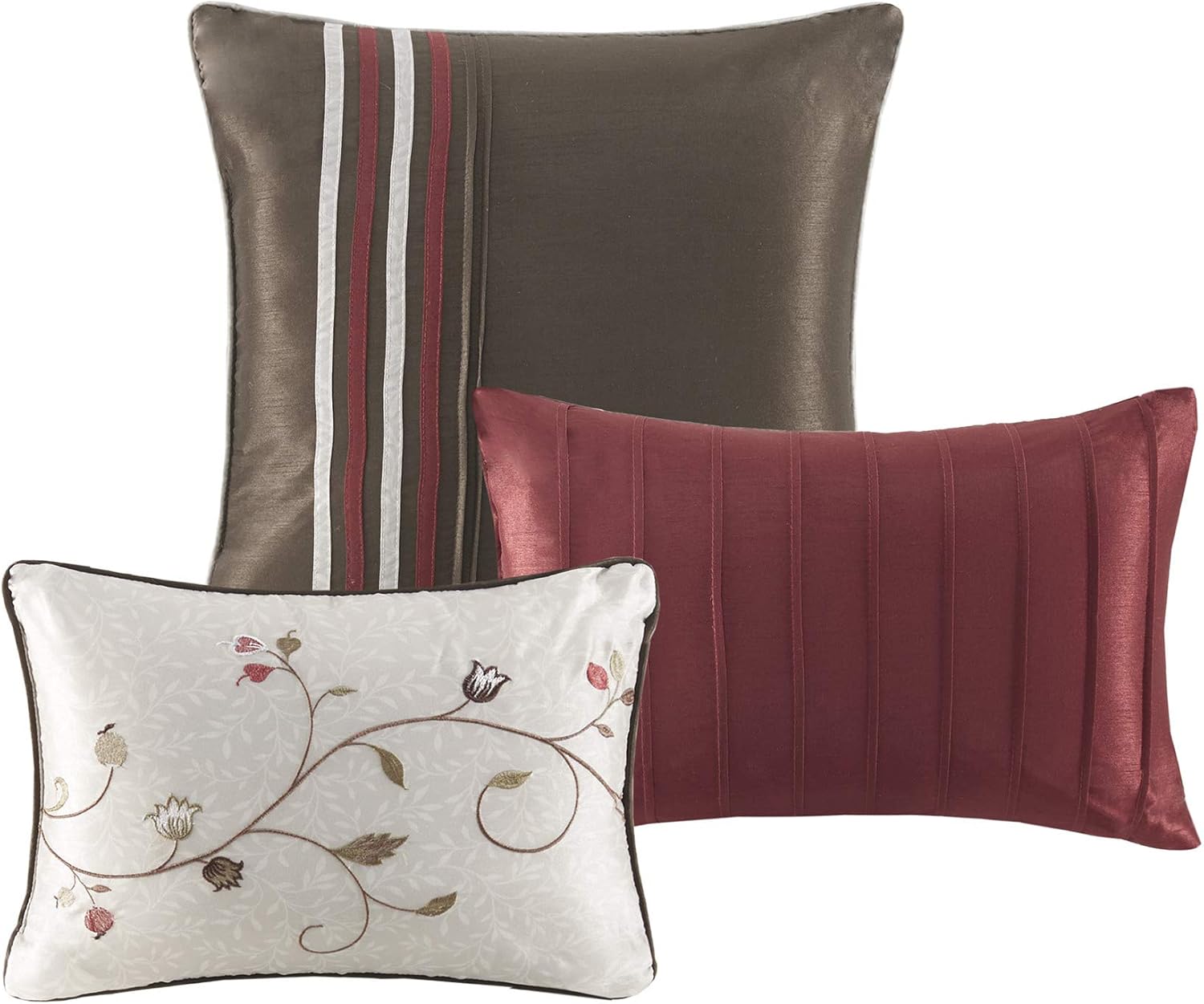 Madison Park Serene Faux Silk Comforter Set - Floral Embroidery Design, All Season Bedding Set, Matching Bed Skirt, Decorative Pillows, Red King(104'x92') 7 Piece