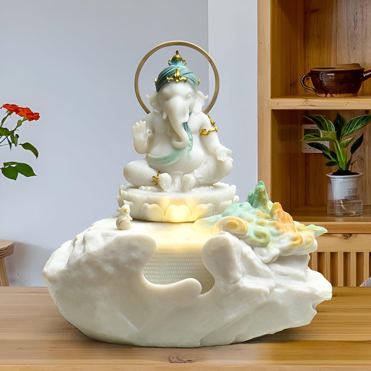 Zen Buddha Tabletop Fountain with LED Lights & Crystal Accents – Indoor Meditation Waterfall Feature with Cascading Water for Home, Office, Living Room or Bedroom – Free 10 Free Crystals (Style 3)