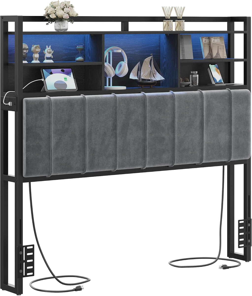 Hzuaneri Headboard with 3-Tier Storage Shelves, Velvet Upholstered Head Board with 2 Outlets, USB Ports & LED Light, Soft Backrest for Full Size Bed, Black BH13804B